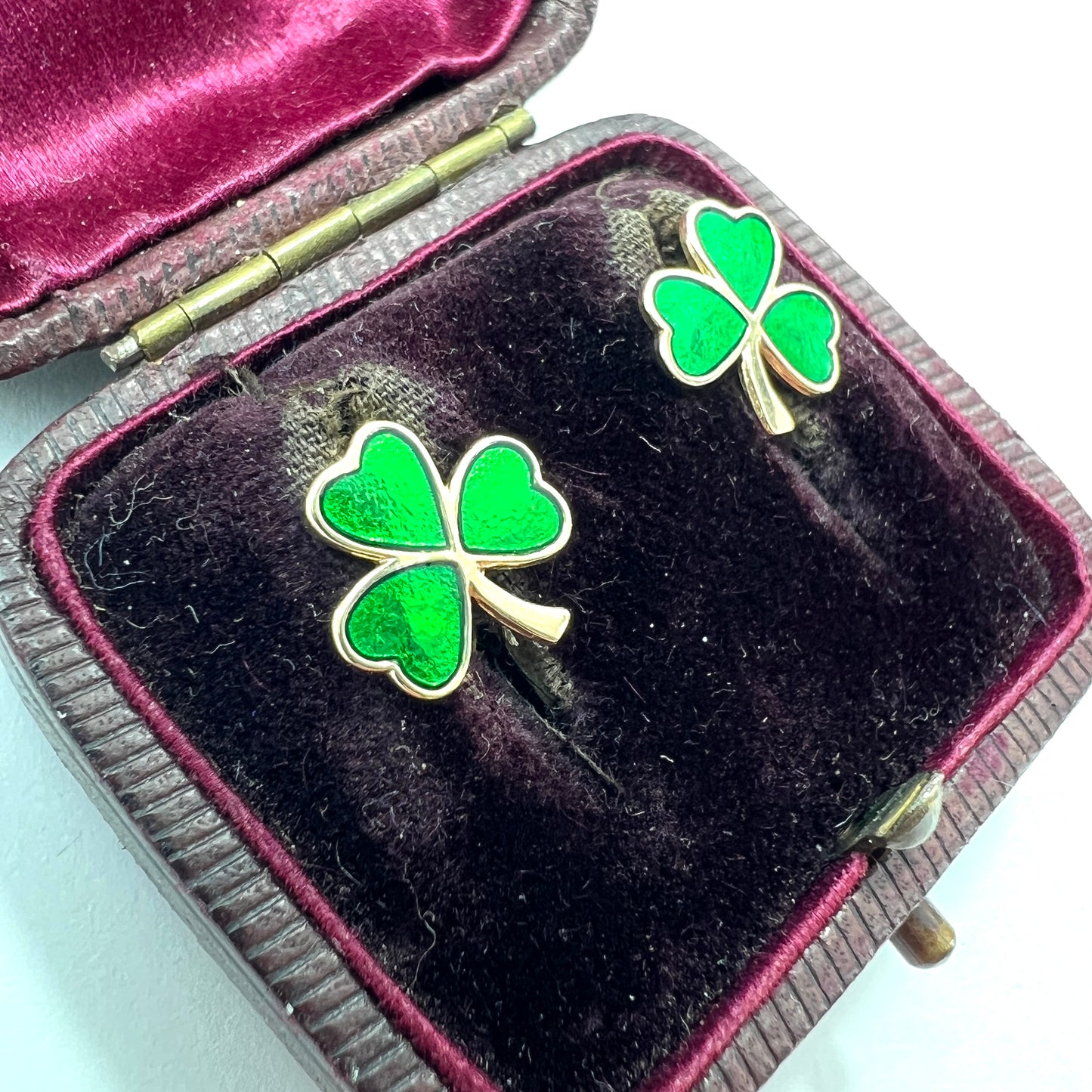 Vintage 9CT Gold Lucky Irish Shamrock Enamel Stud Earrings