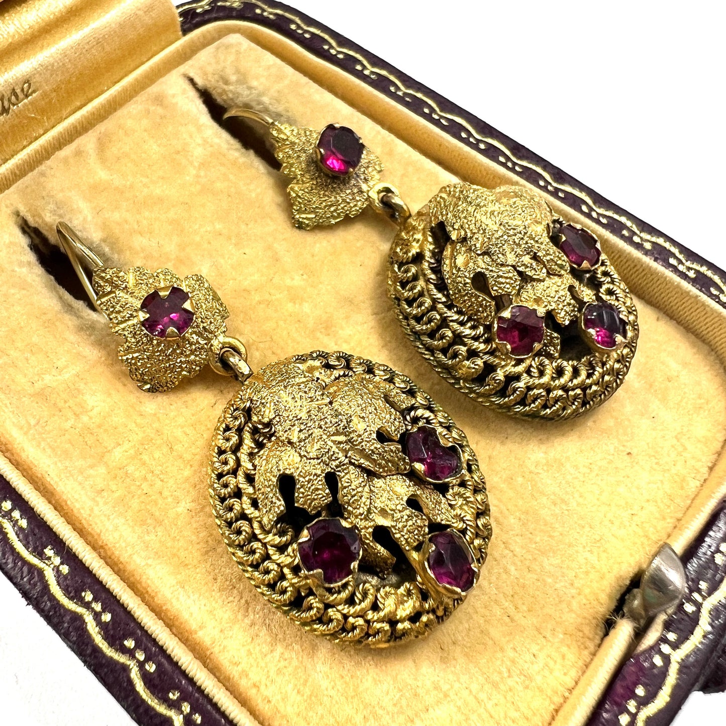 Victorian Etruscan Revival Paste Garnet Gilt Demi Parure Earrings and Brooch