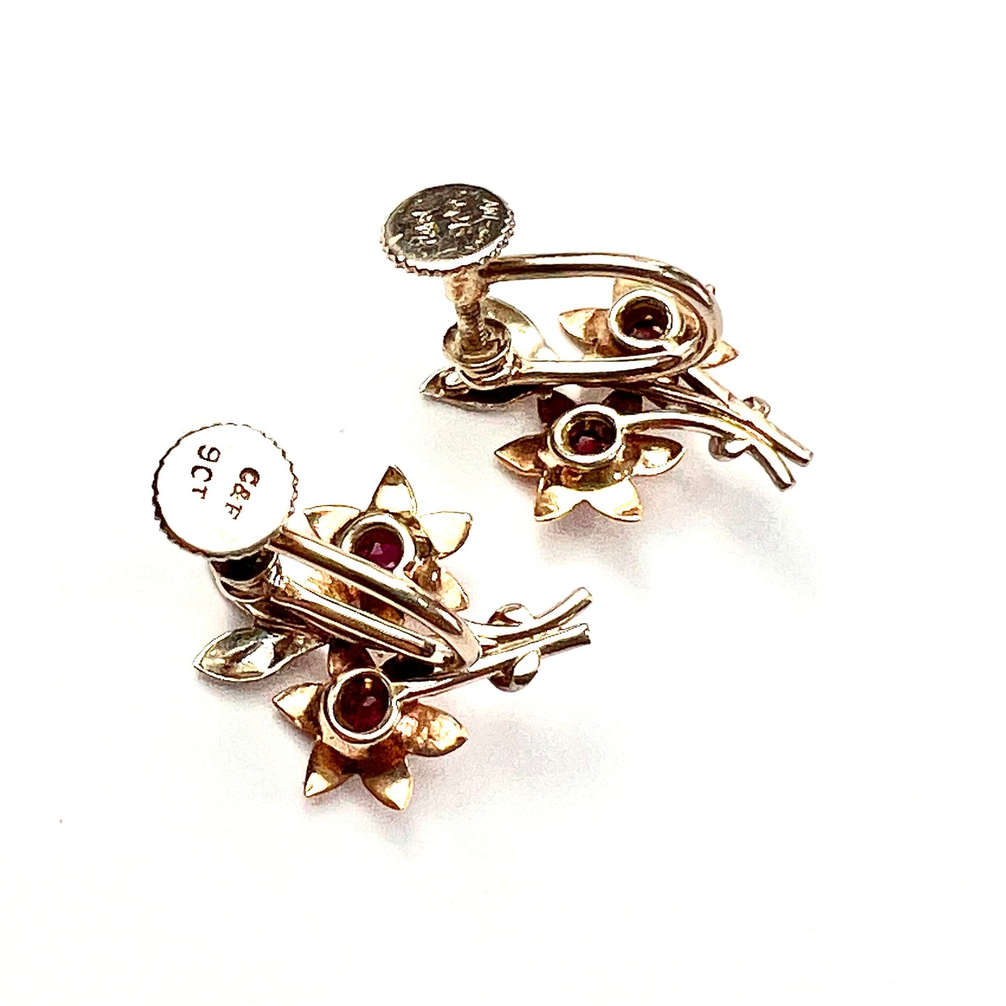 Vintage 9CT Gold Ruby Flower Earrings by Cropp & Farr