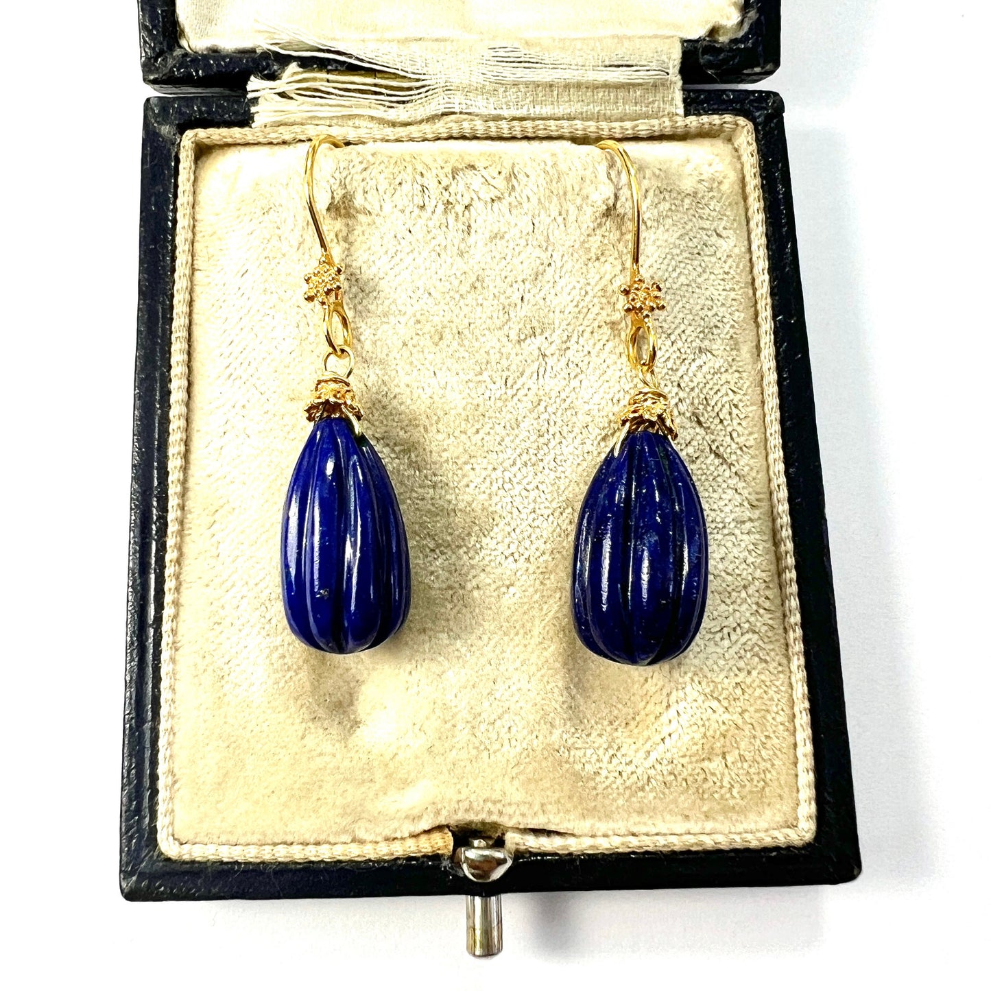 Vintage Solid 18CT Gold Lapis Lazuli Fluted Teardrop Earrings