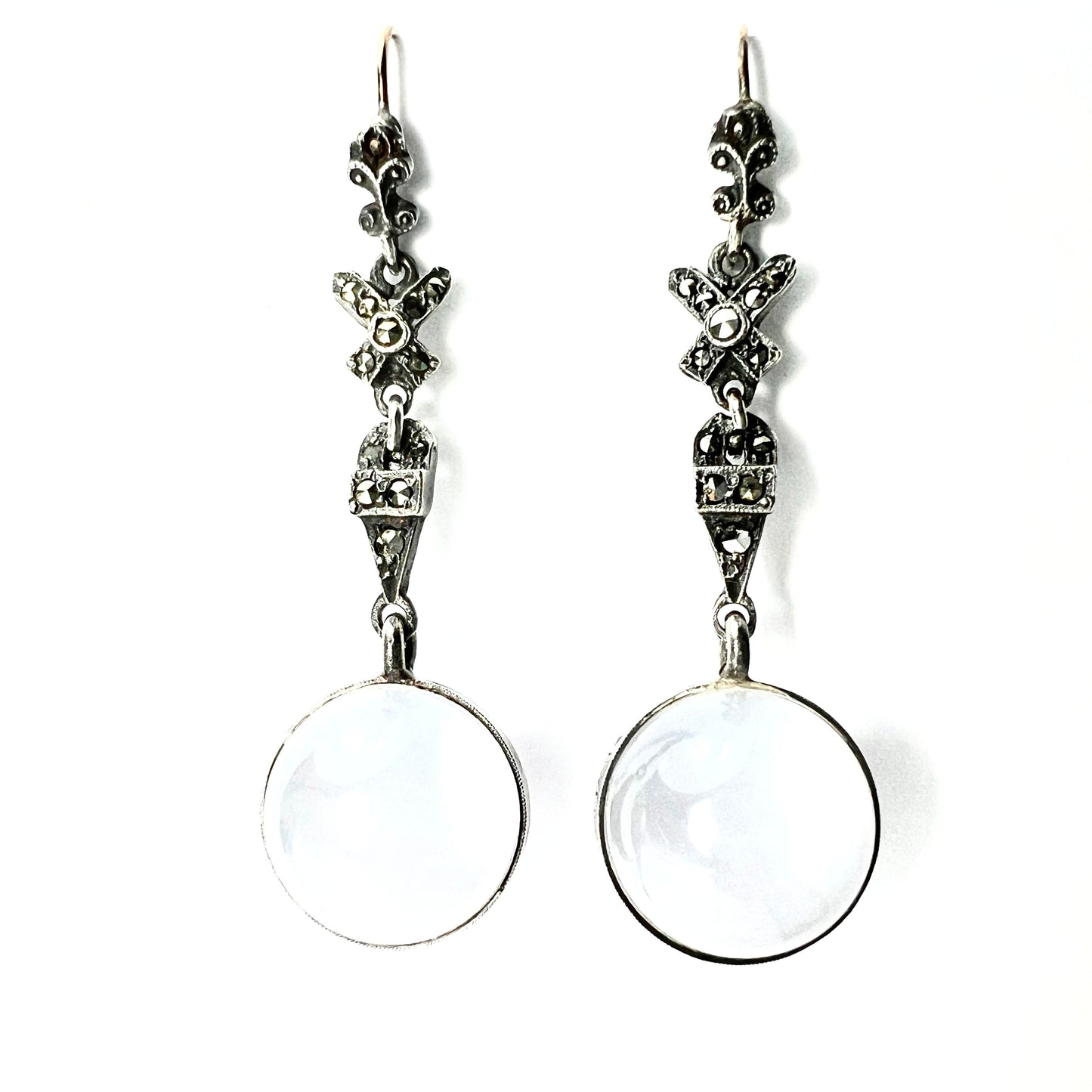 Edwardian Rock Crystal Pools of Light Silver Marcasite Earrings
