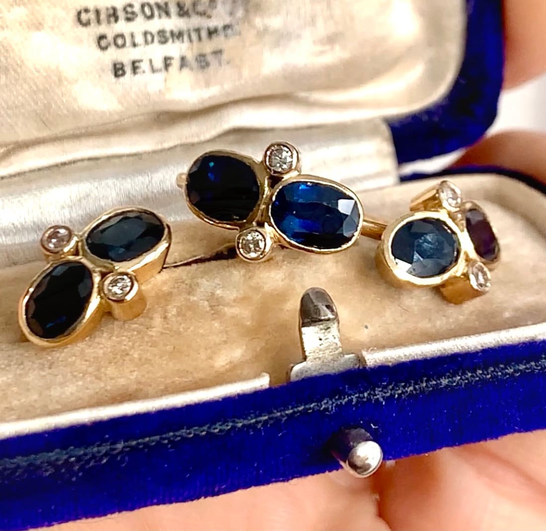 Vintage 18CT Gold Twin Sapphire and Diamond Earrings and Ring Set