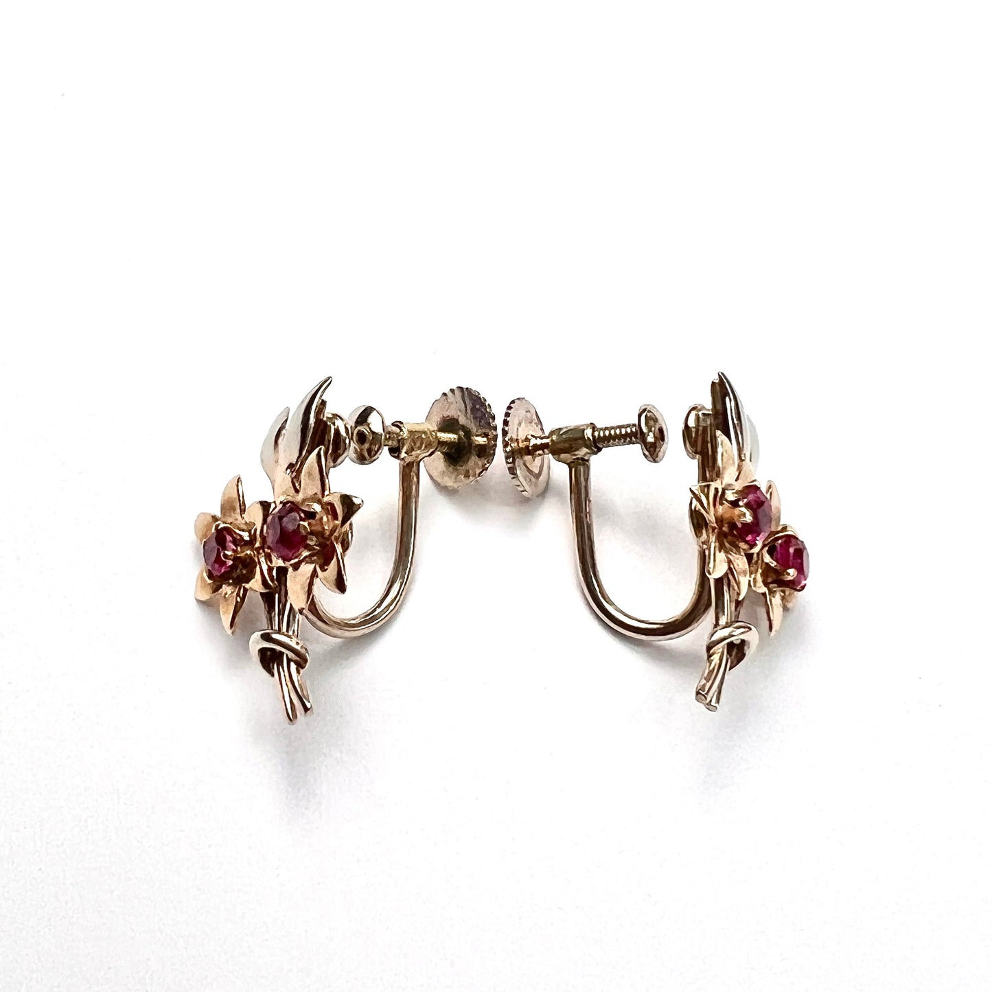 Vintage 9CT Gold Ruby Flower Earrings by Cropp & Farr
