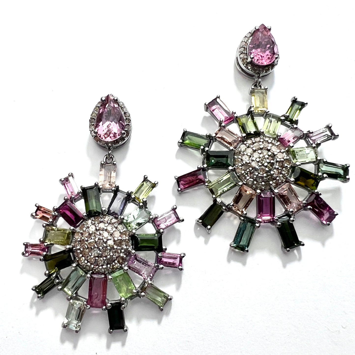 Large Vintage Diamond and Tourmaline 14CT Gold and Silver Wheel Earrings
