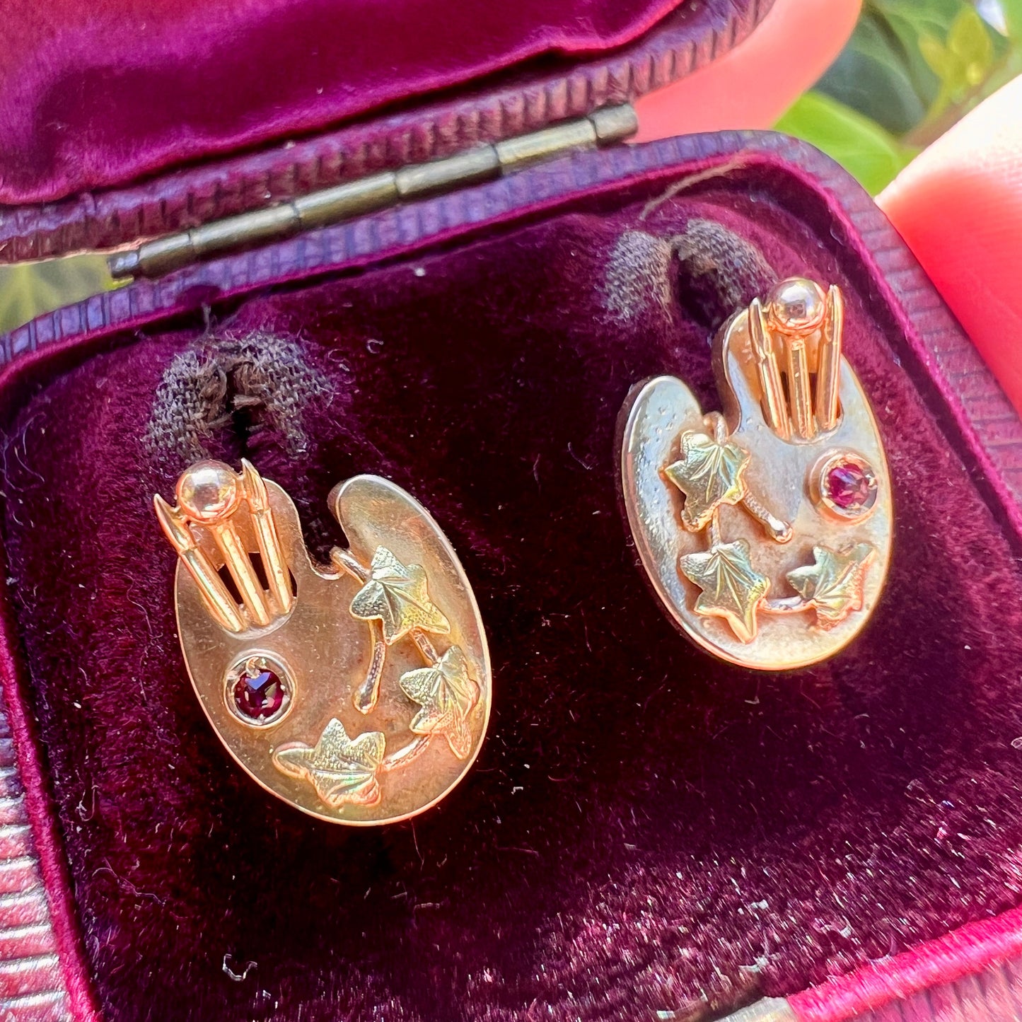 Rare Victorian Ruby 9CT Gold Artists Palette Earrings