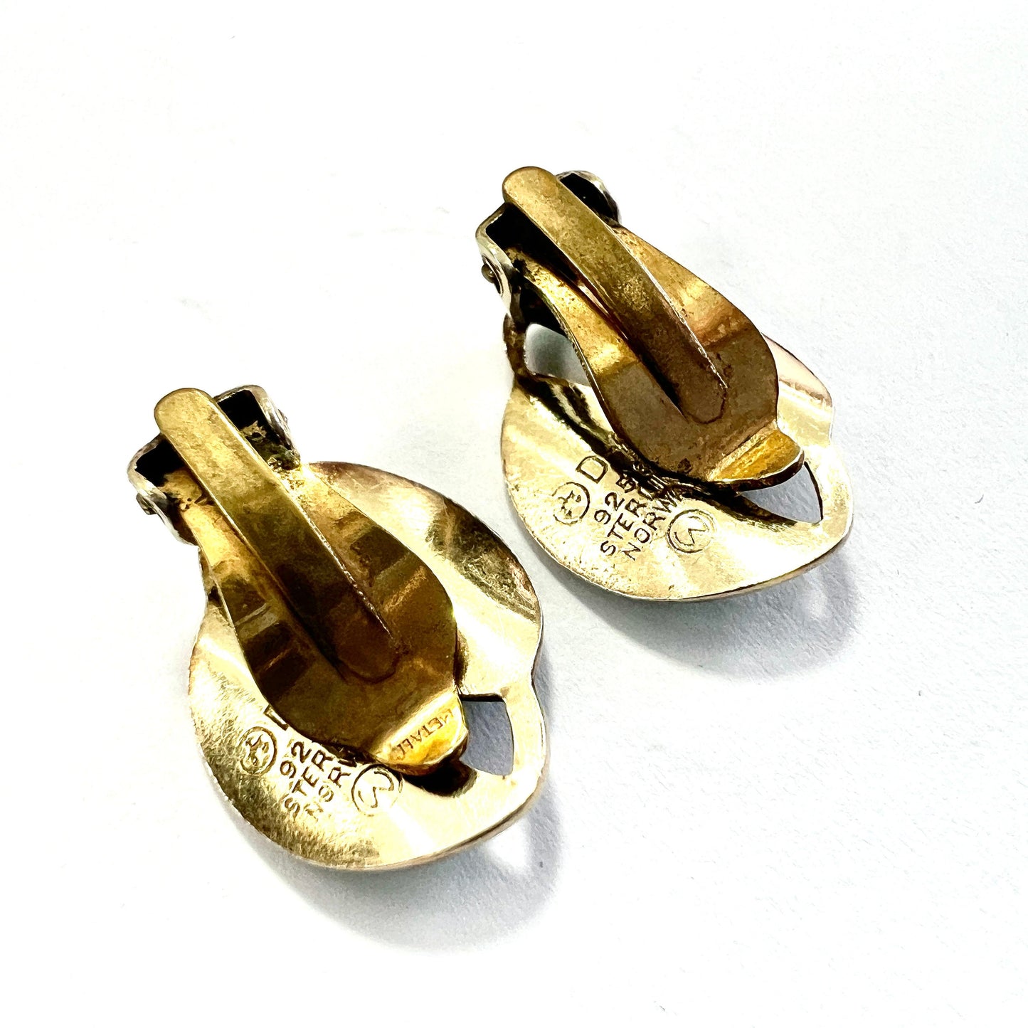 Vintage David Andersen Green Leaf Enamel Silver Ear Clips
