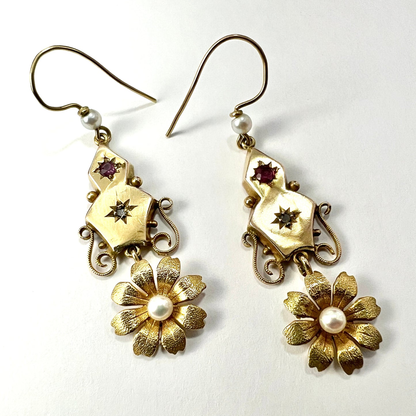 Victorian 9CT Gold Ruby and Pearl Flower Drop Earrings