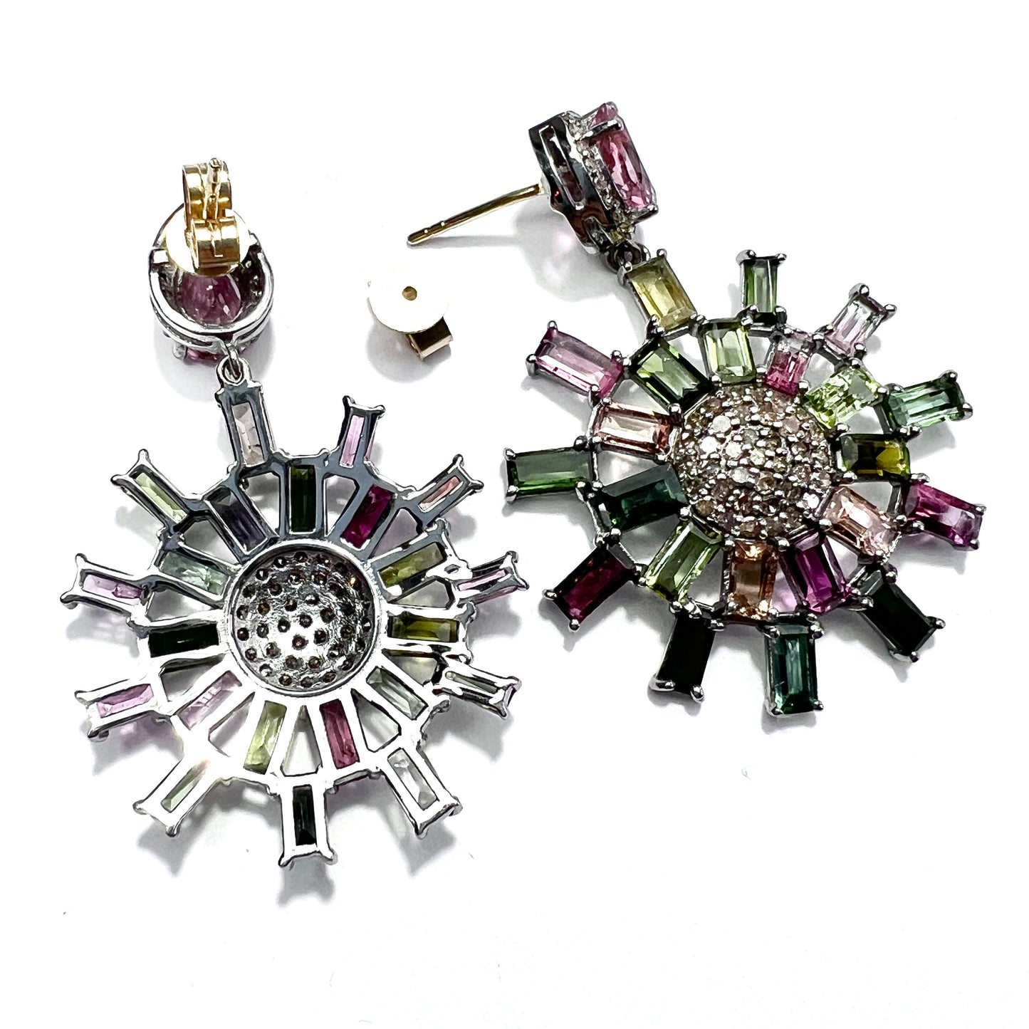 Large Vintage Diamond and Tourmaline 14CT Gold and Silver Wheel Earrings