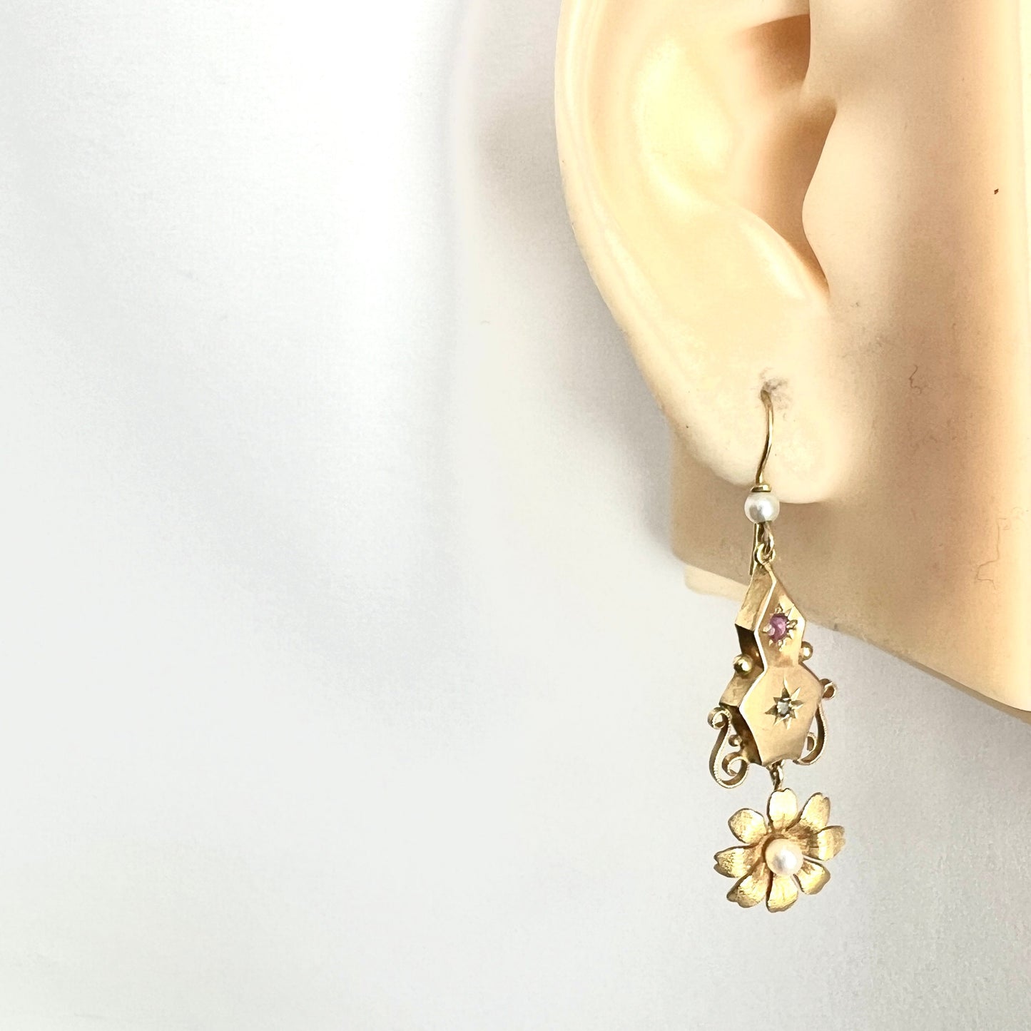 Victorian 9CT Gold Ruby and Pearl Flower Drop Earrings