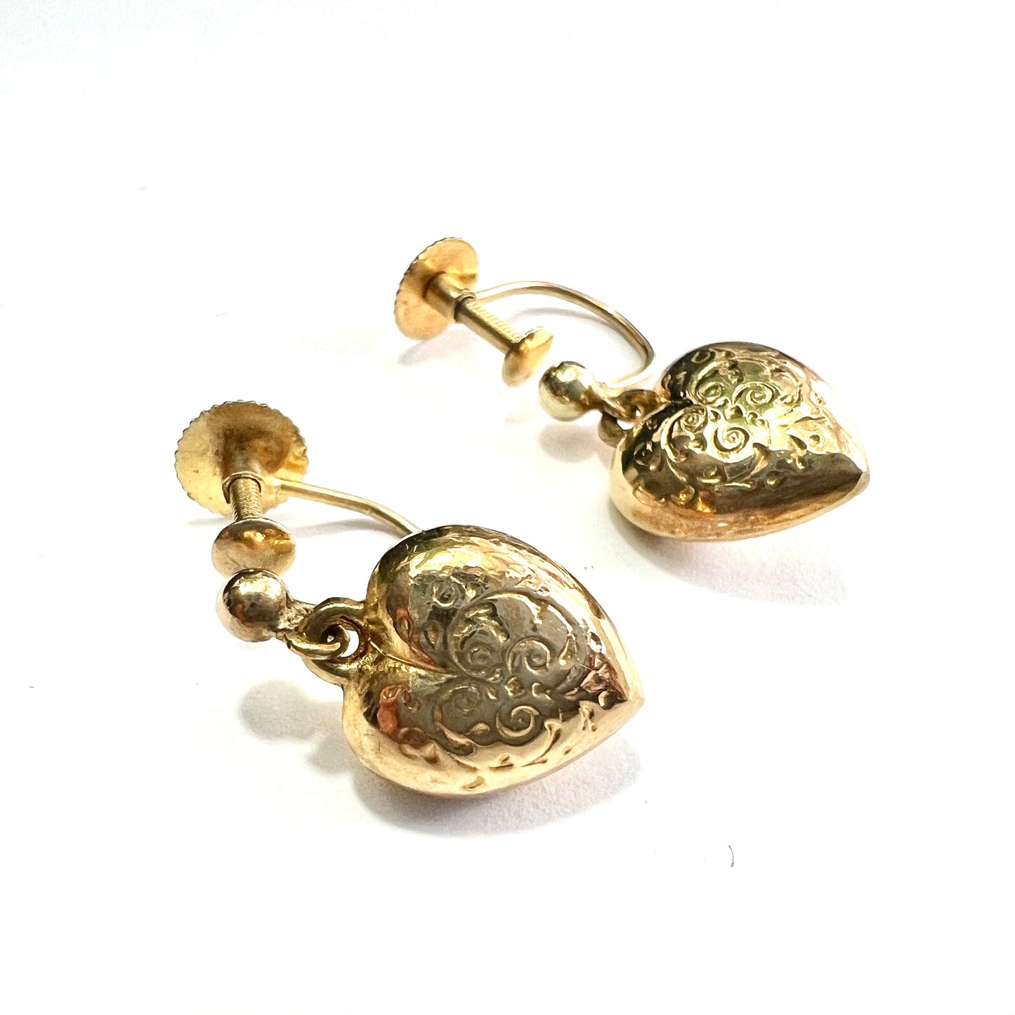 Vintage 9CT Gold Engraved Heart Drop Earrings