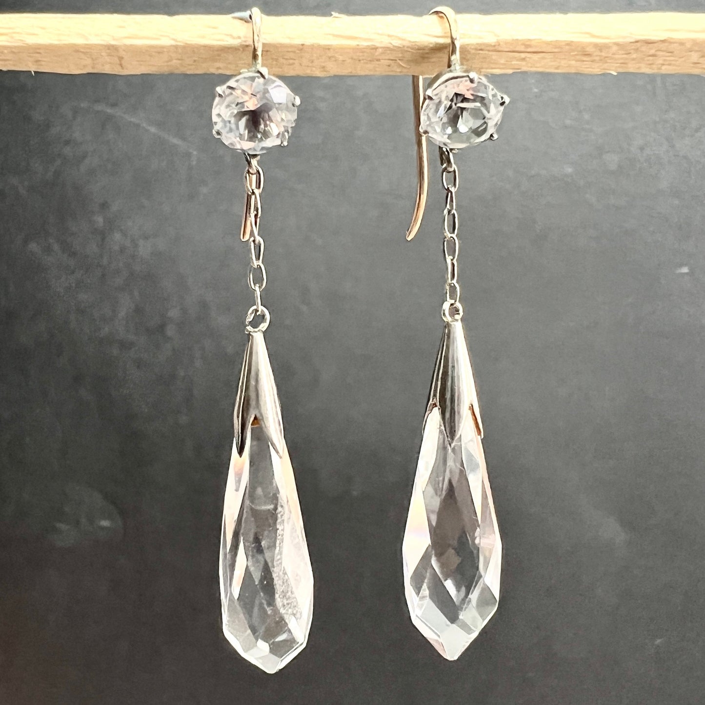 Edwardian 9CT Gold Silver Rock Crystal Chain Drop Earrings