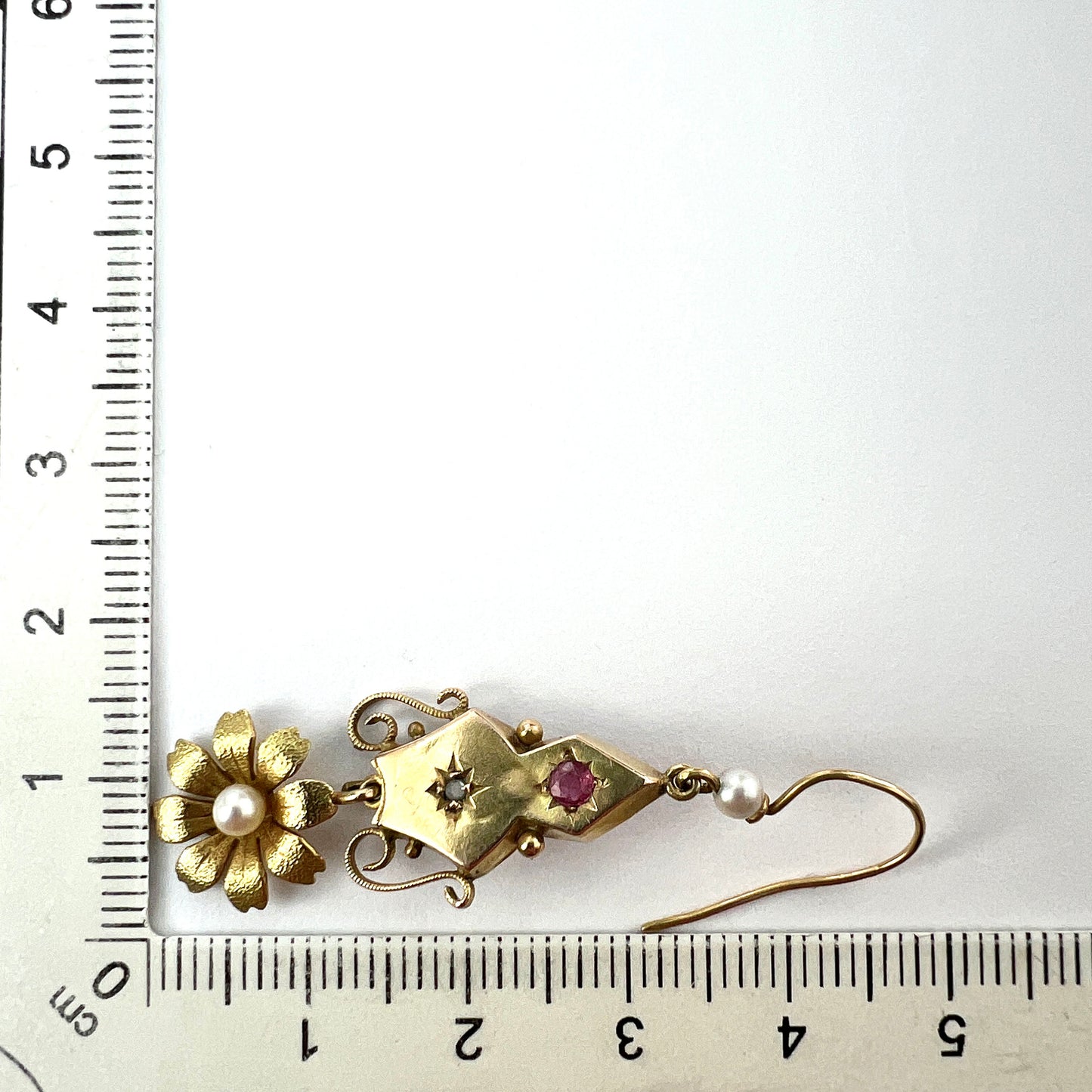 Victorian 9CT Gold Ruby and Pearl Flower Drop Earrings