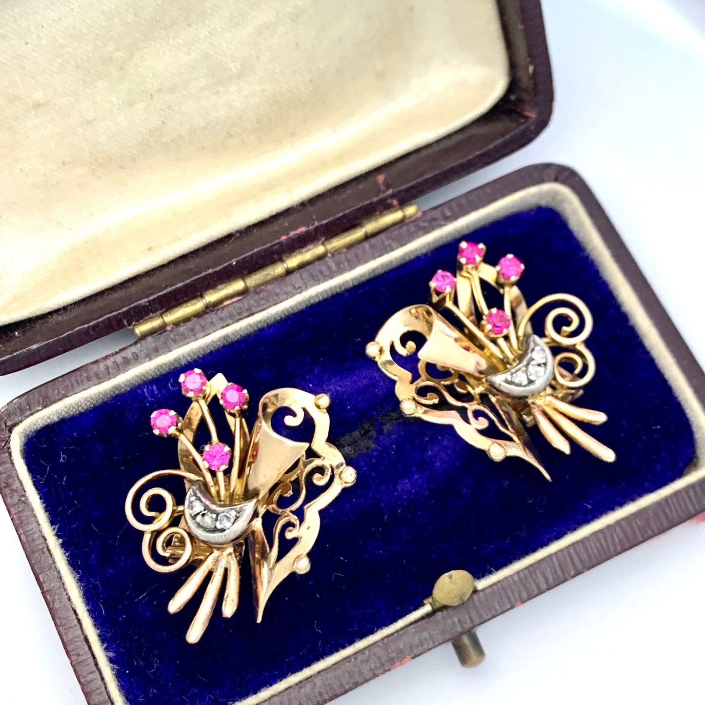 Vintage 18CT Gold Ruby and Diamond Ear Clips