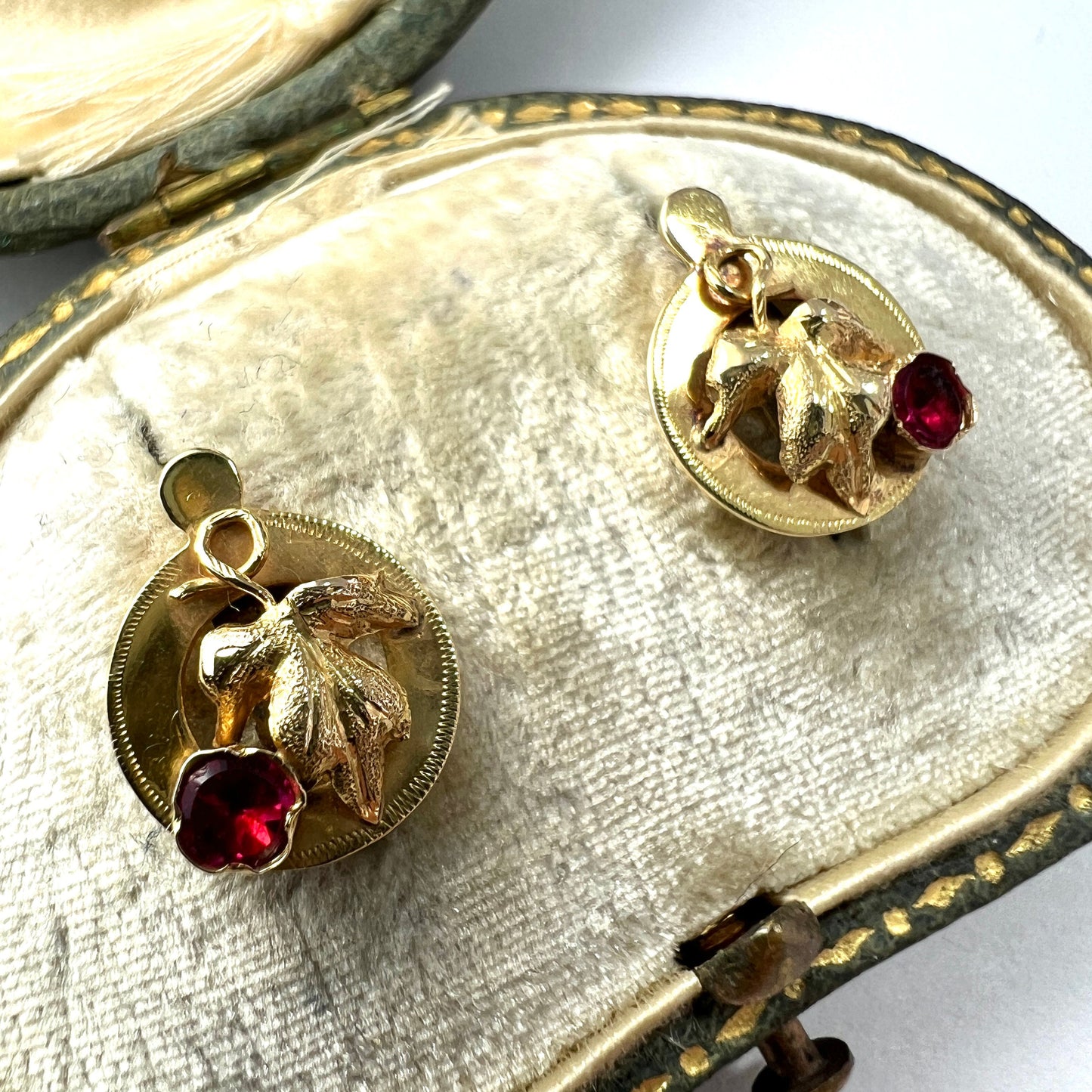 Victorian 18CT Gold Ruby Vine Leaf Stud Earrings
