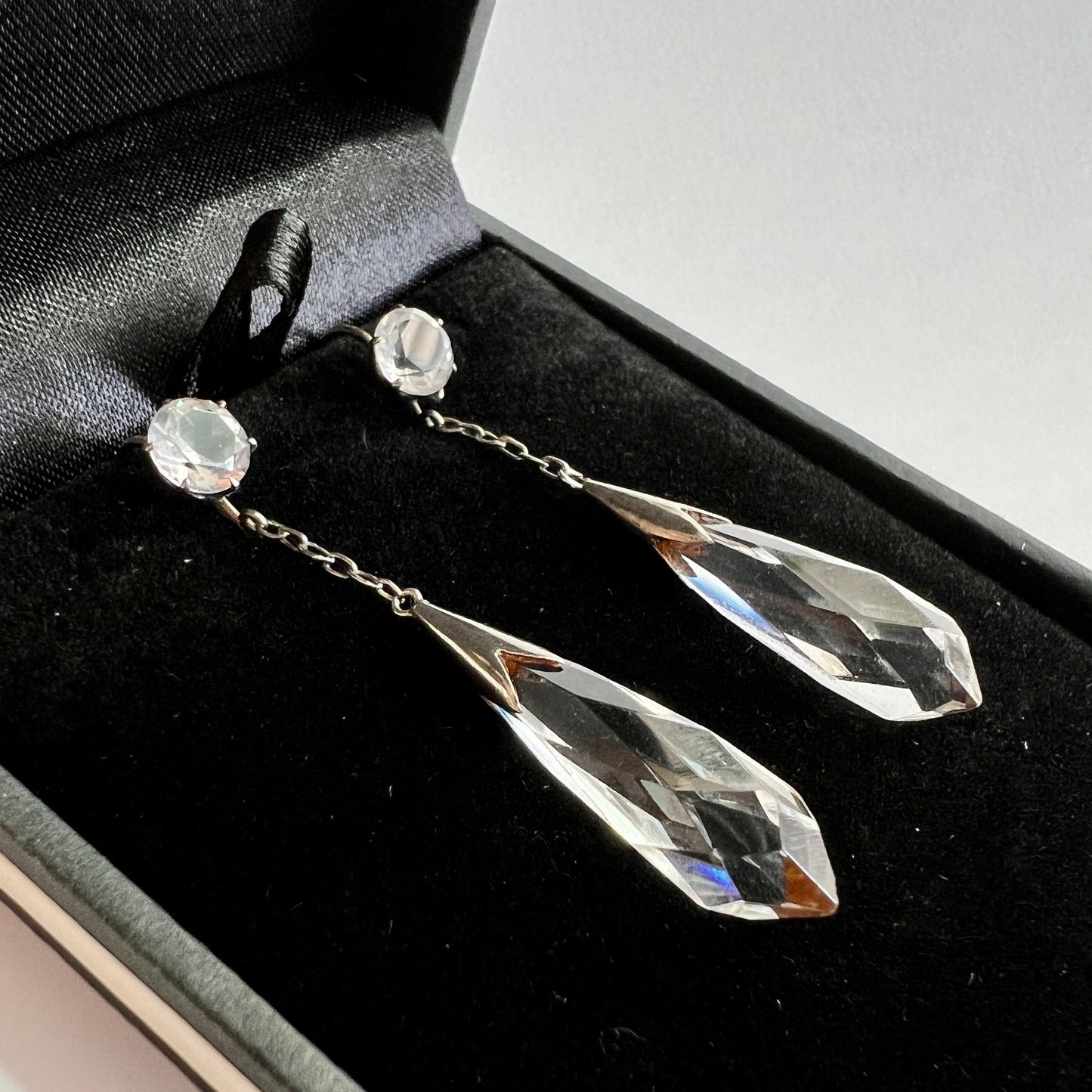 Edwardian 9CT Gold Silver Rock Crystal Chain Drop Earrings