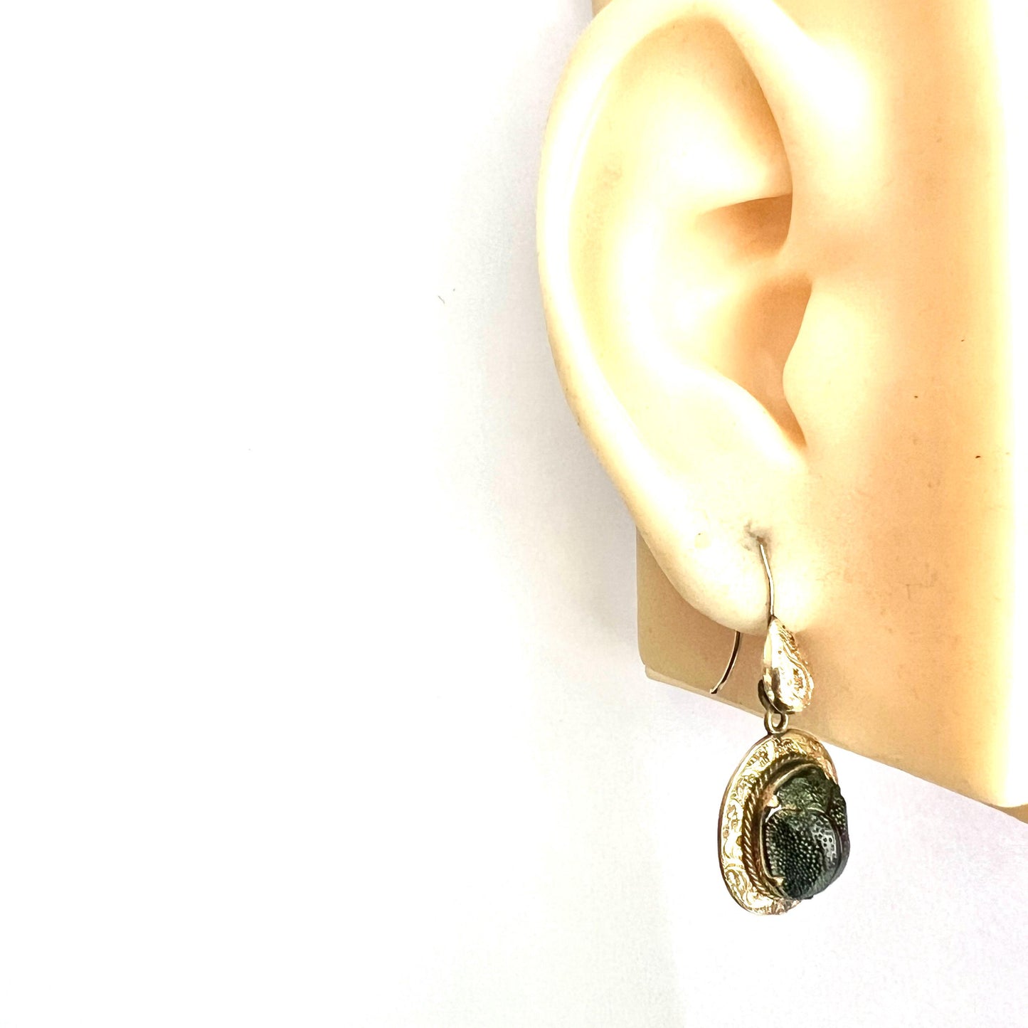 Ornate Victorian Scarab Beetle 9CT Gold Drop Earrings