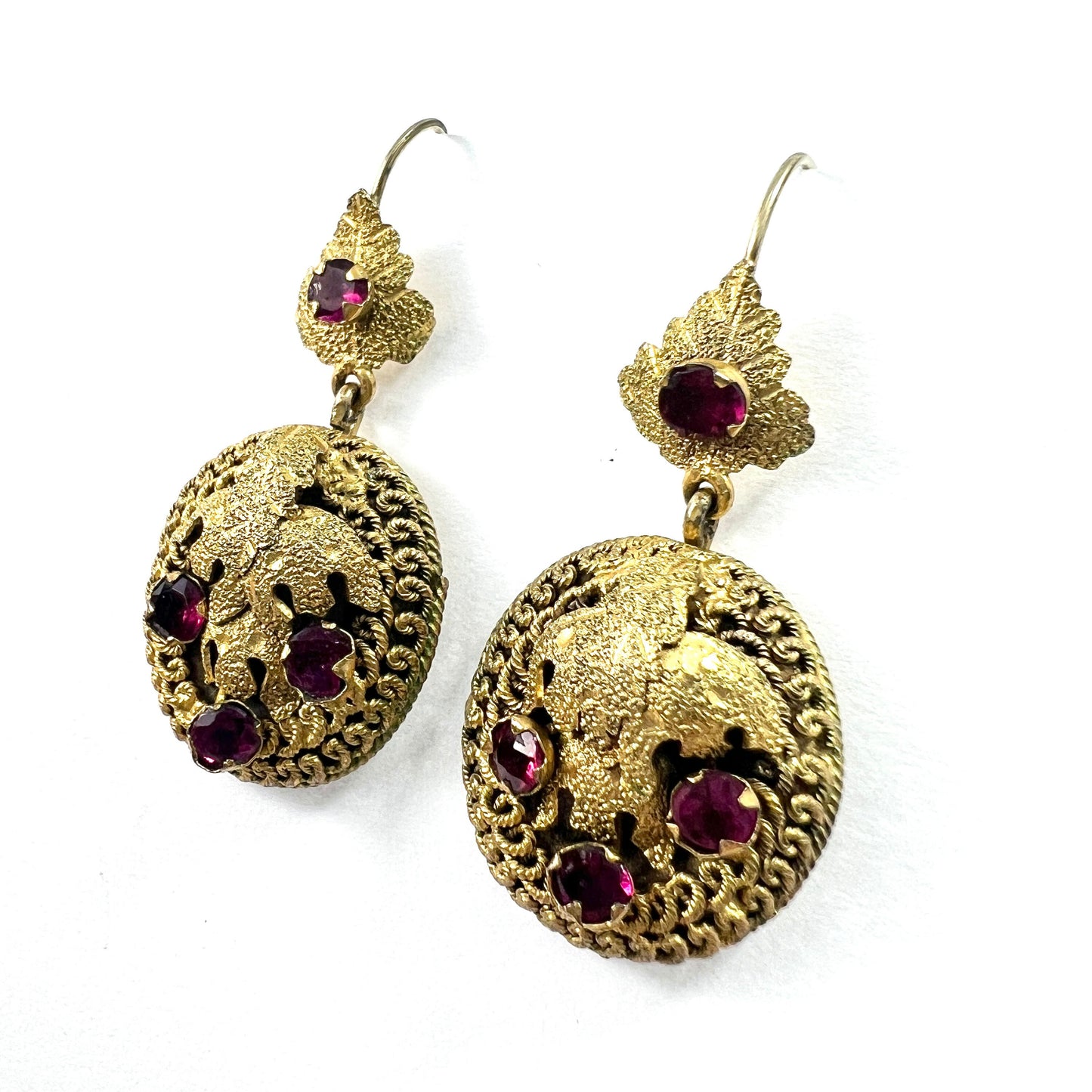 Victorian Etruscan Revival Paste Garnet Gilt Demi Parure Earrings and Brooch