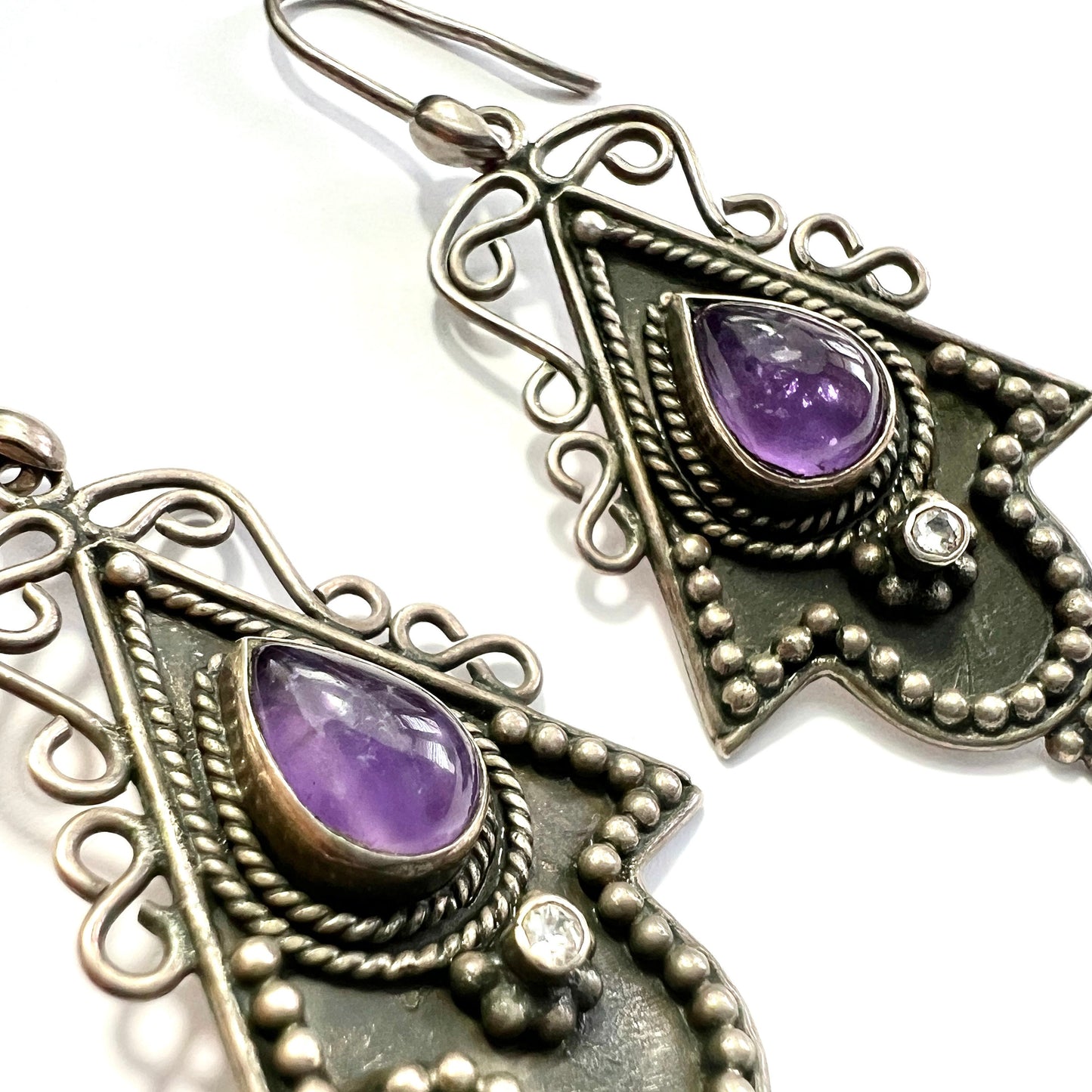 Vintage Indian Amethyst Silver Drop Earrings