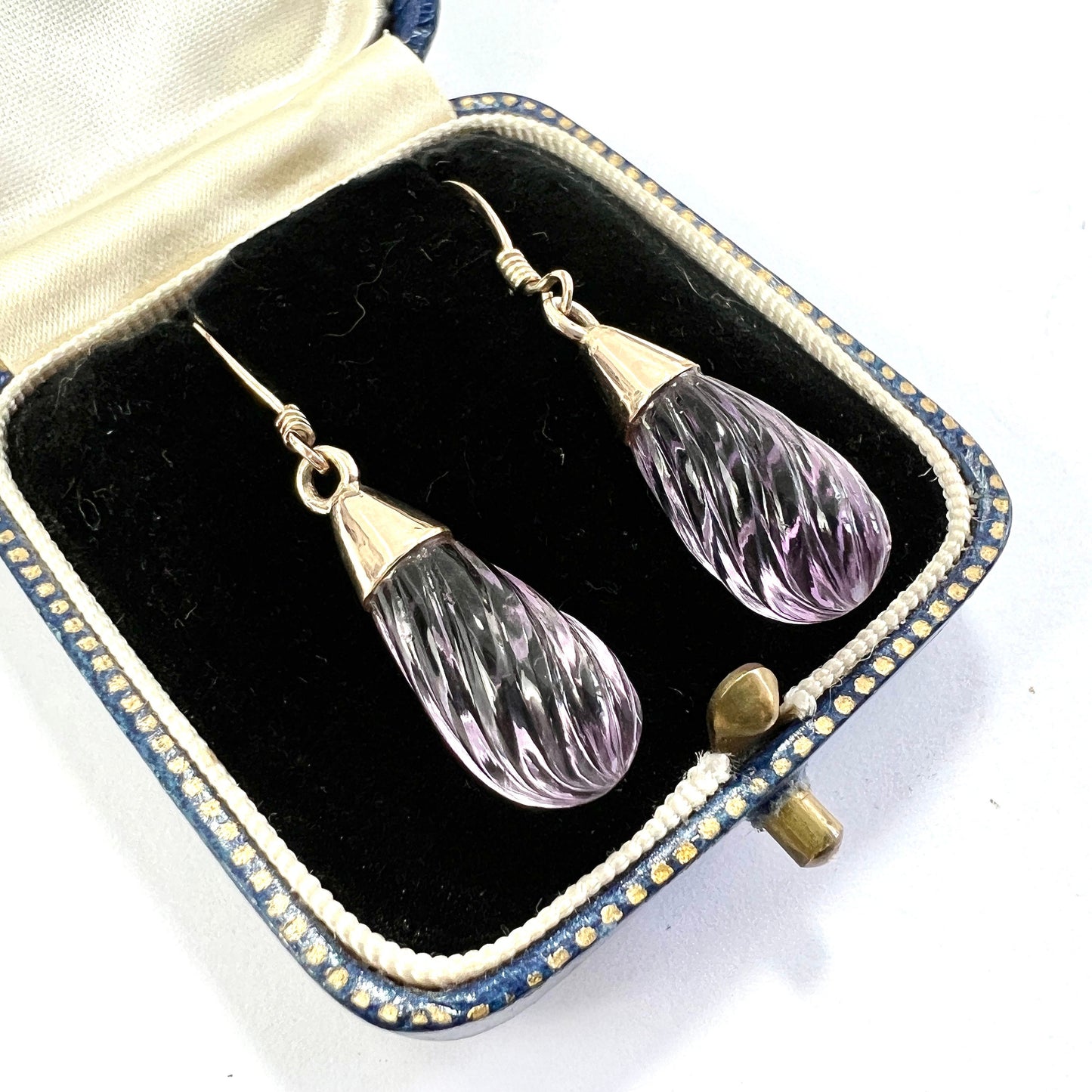 Vintage Carved Amethyst Swirl 9CT Rose Gold Teardrop Earrings