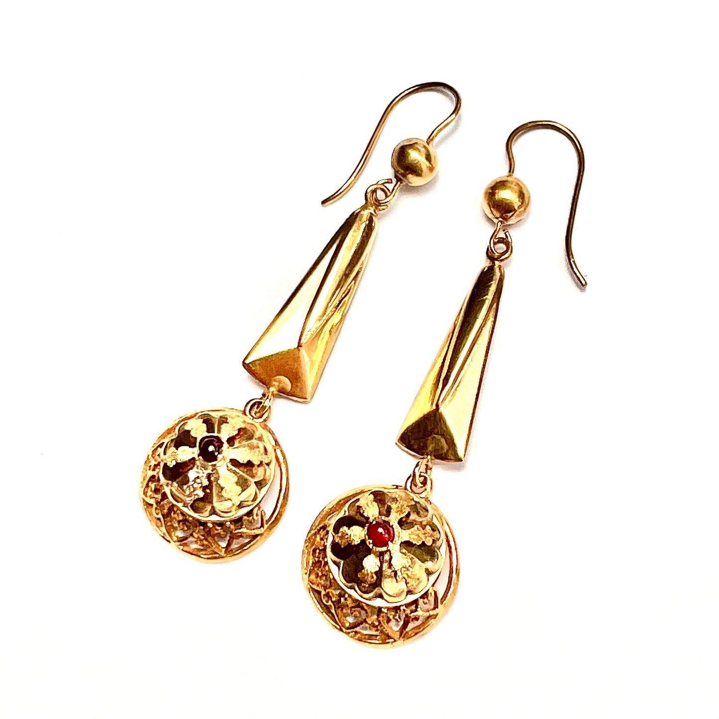 Victorian Garnet Etruscan Revival 9CT Gold Long Drop Earrings