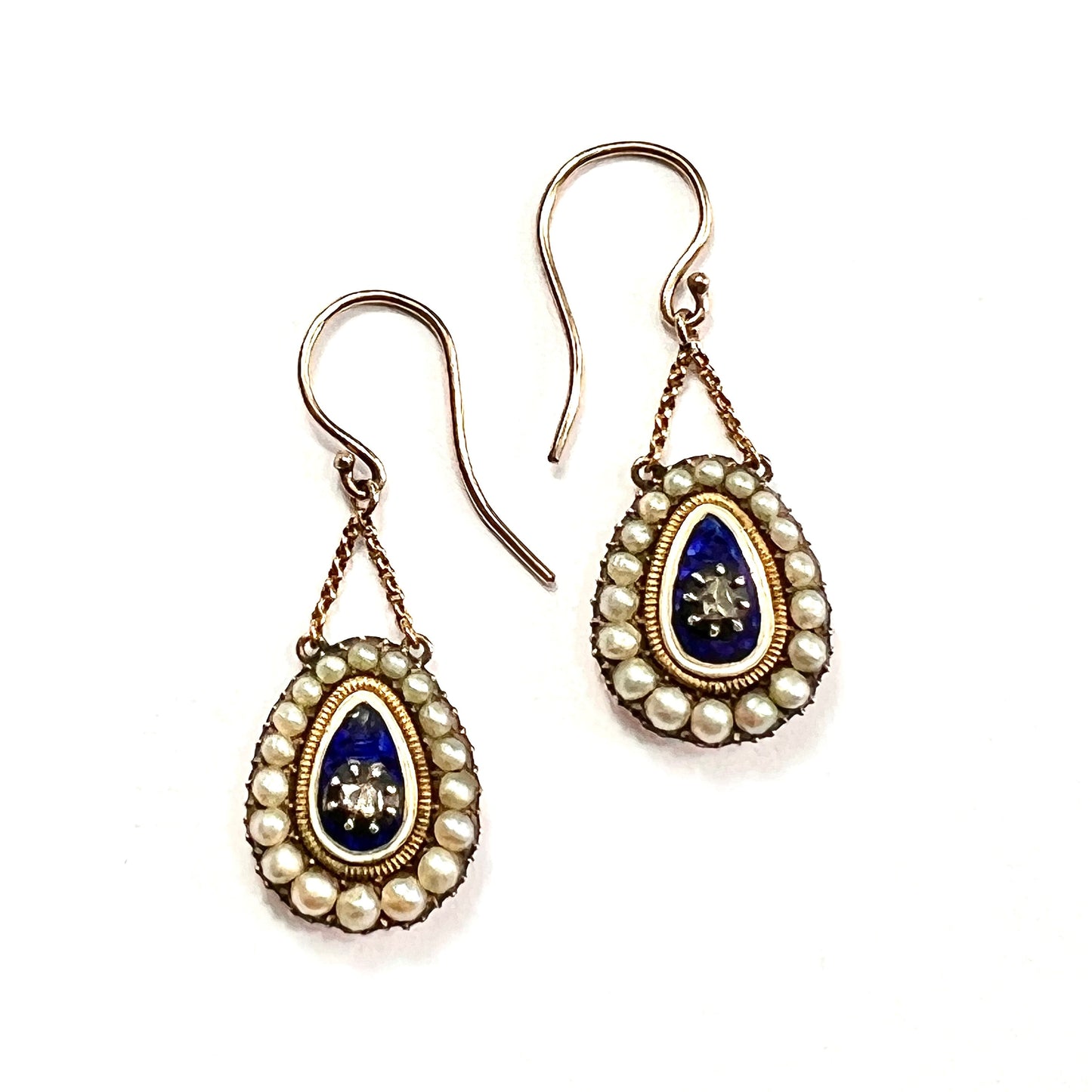 Georgian Diamond and Pearl Blue Enamel Chain Drop Earrings