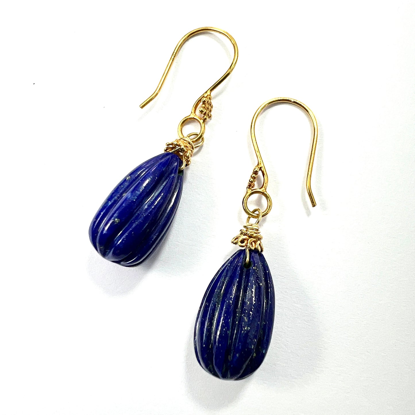 Vintage Solid 18CT Gold Lapis Lazuli Fluted Teardrop Earrings