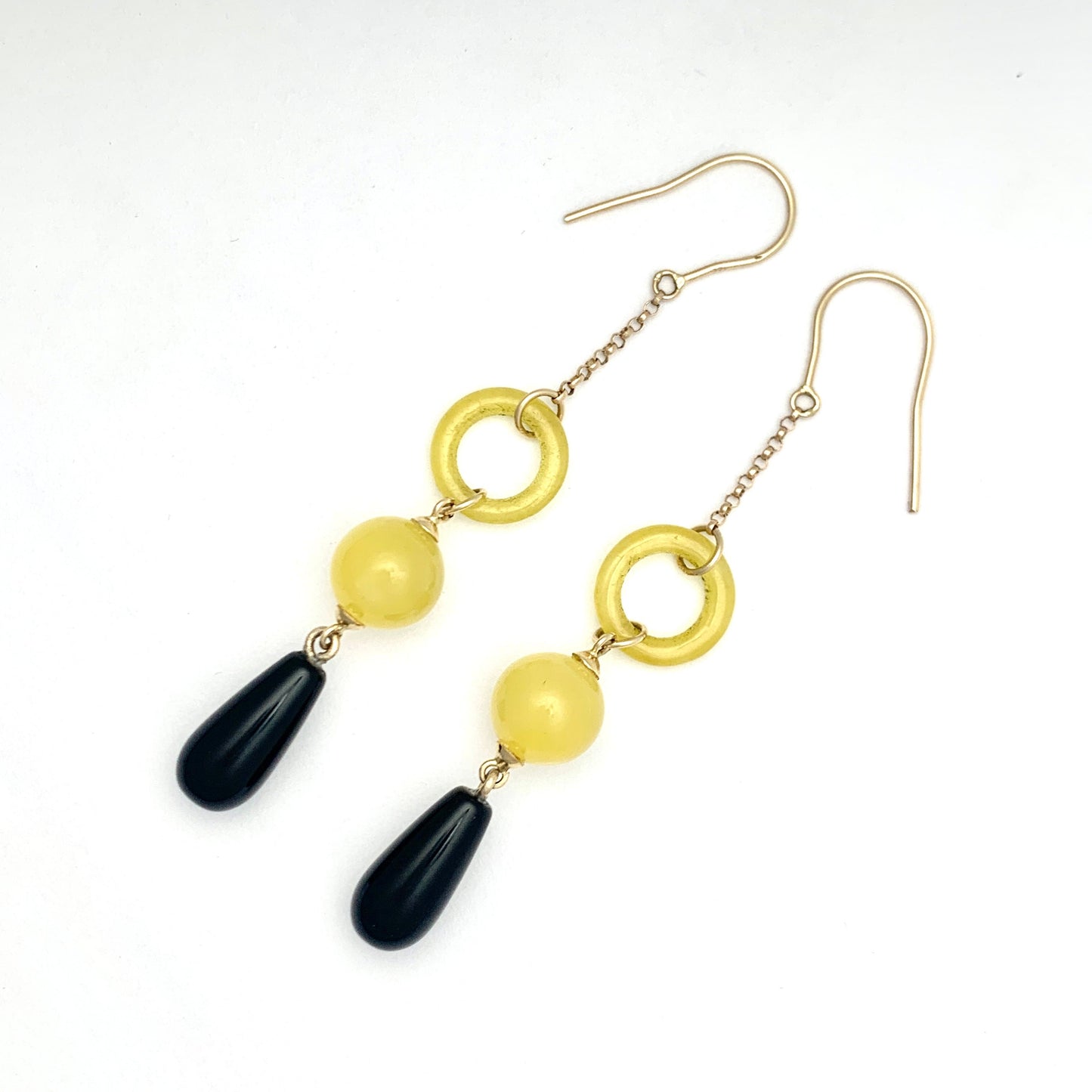 Rare Art Deco Long Drop 9CT Gold Chain Onyx Hardstone Earrings