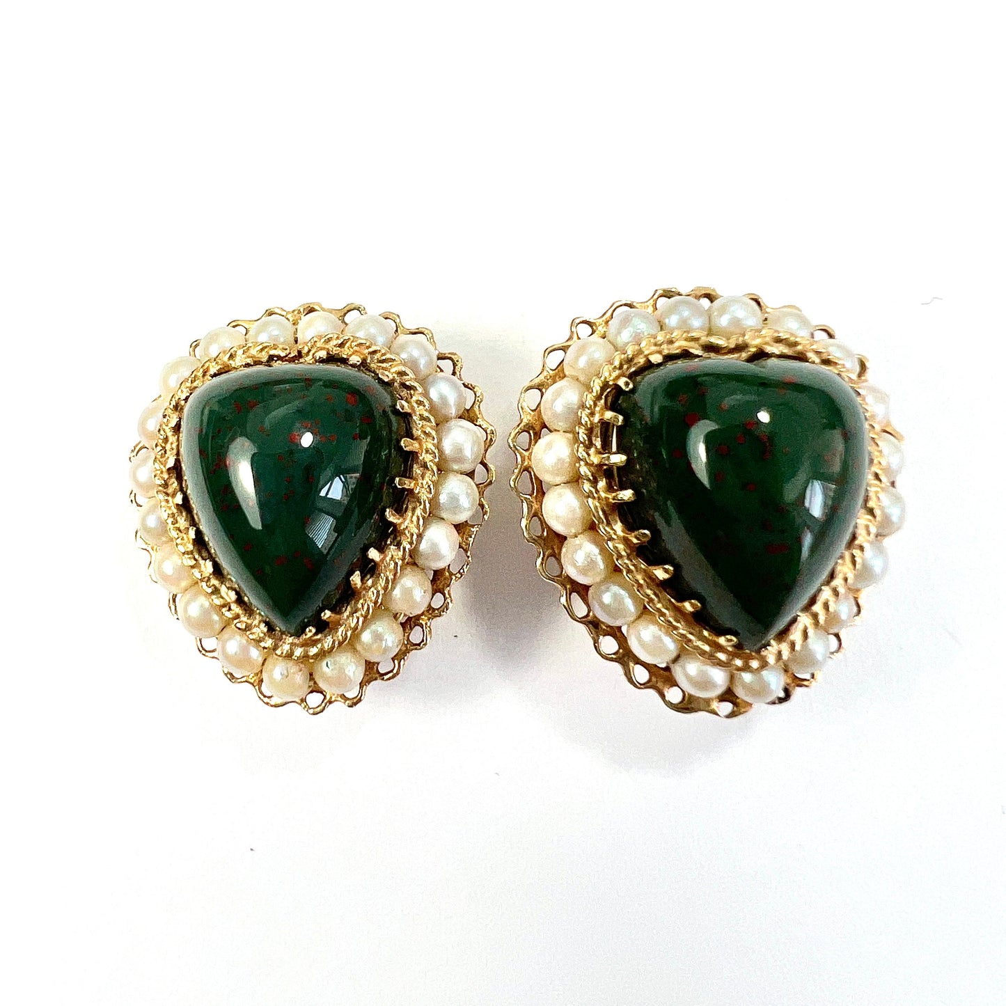 Vintage 14CT Gold Bloodstone Heart Pearl Halo Ear Clips