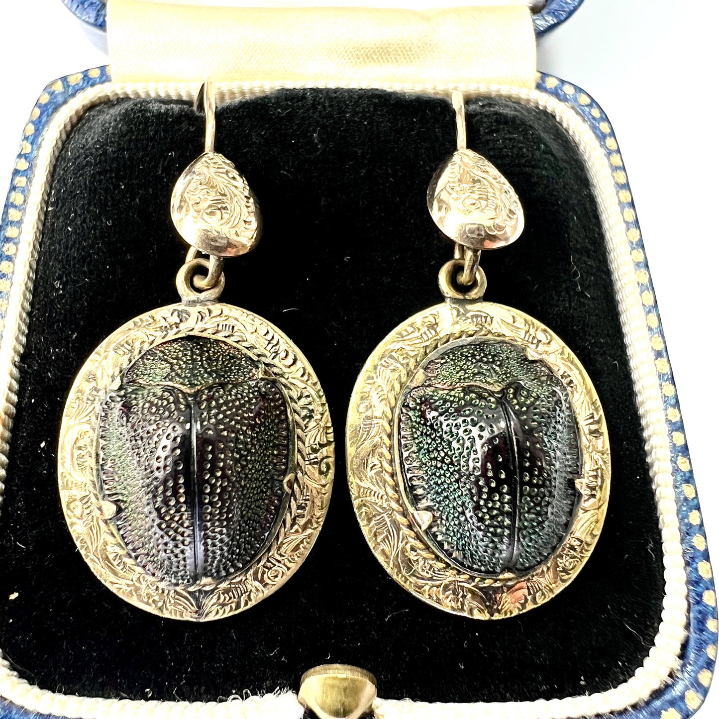 Ornate Victorian Scarab Beetle 9CT Gold Drop Earrings