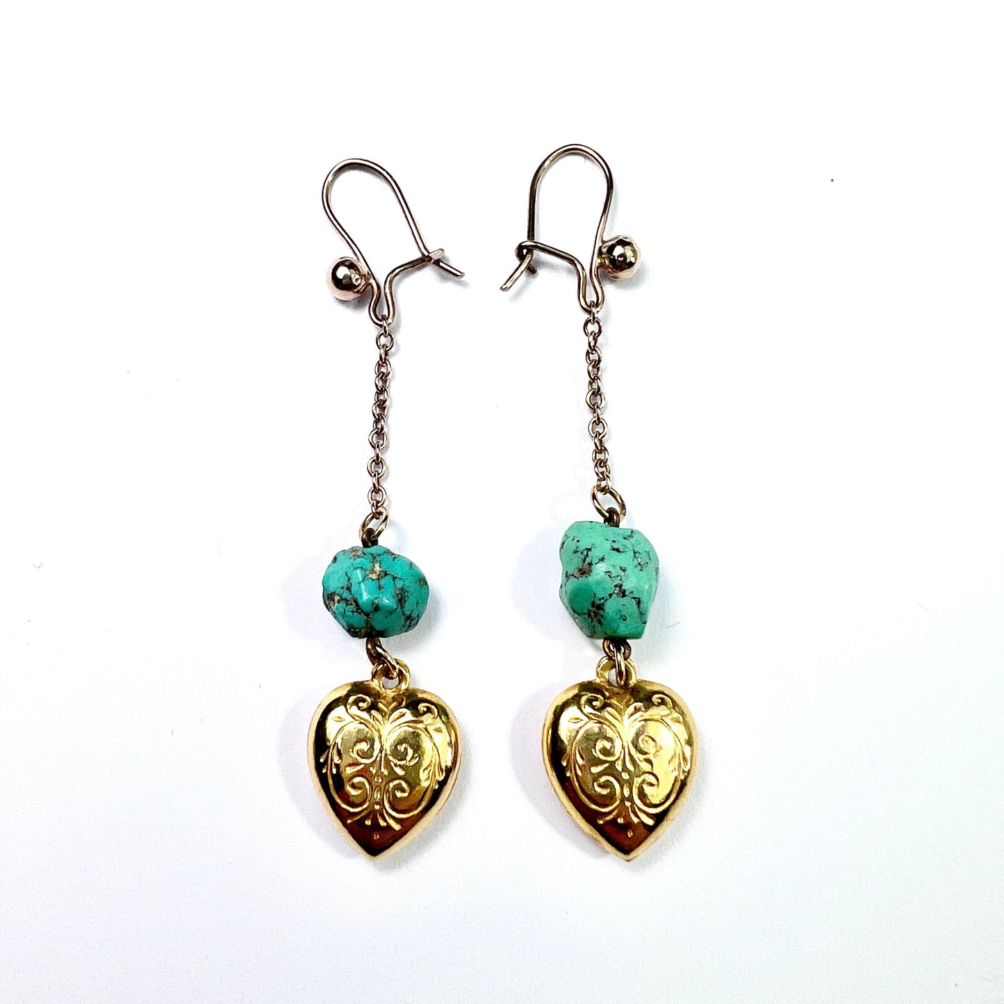 Vintage 9CT Gold Chain Drop Turquoise Heart Earrings
