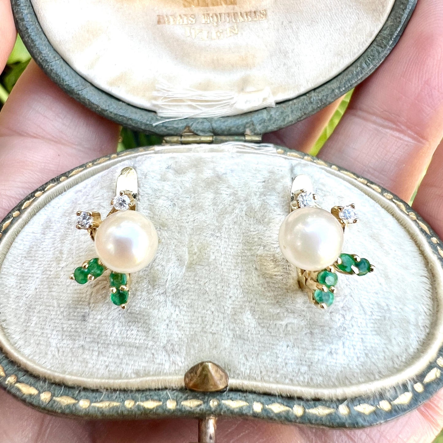 Vintage 18CT Gold Emerald, Diamond and Cultured Pearl Earrings