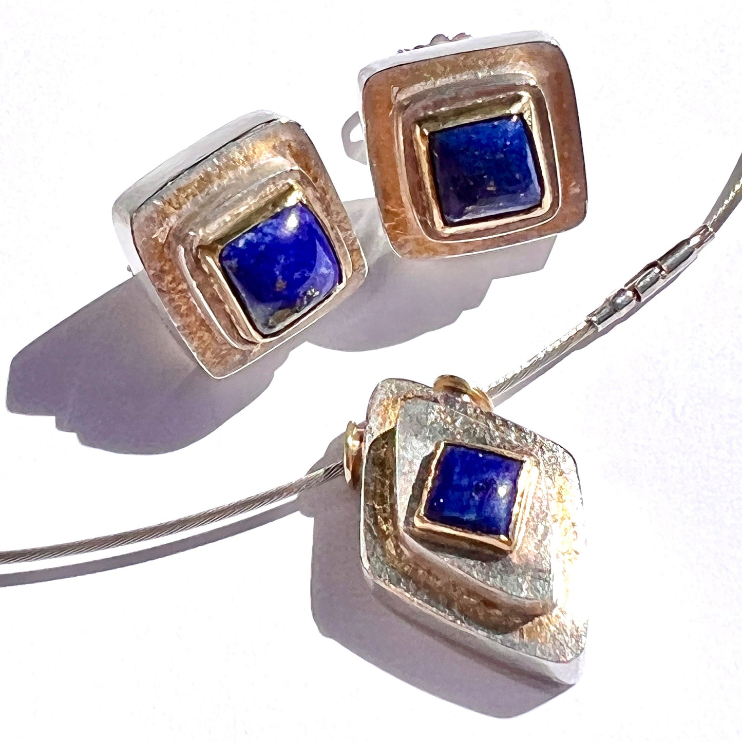 Vintage Chunky Lapis Lazuli Silver and Gold Earrings and Wire Collar Necklace