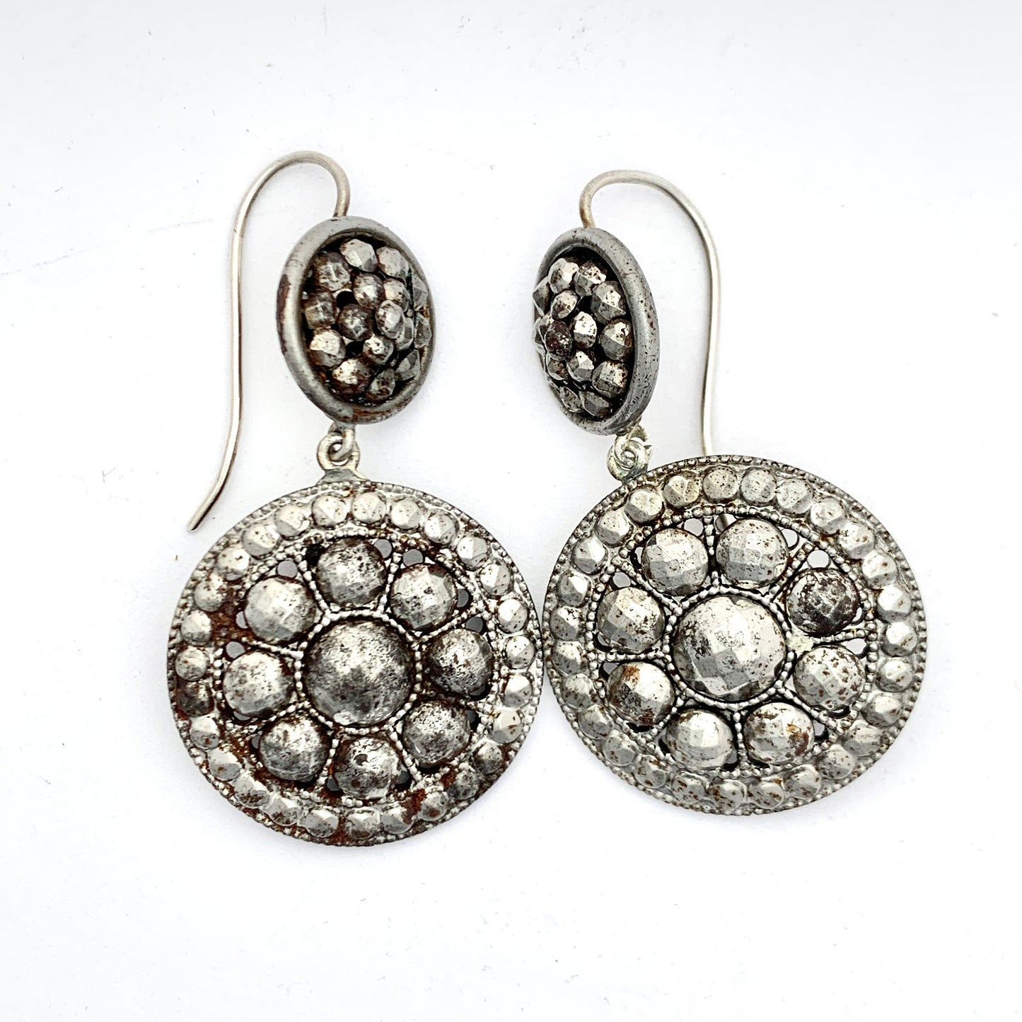 Large Antique Georgian Earrings in Cut Steel, Sterling Silver