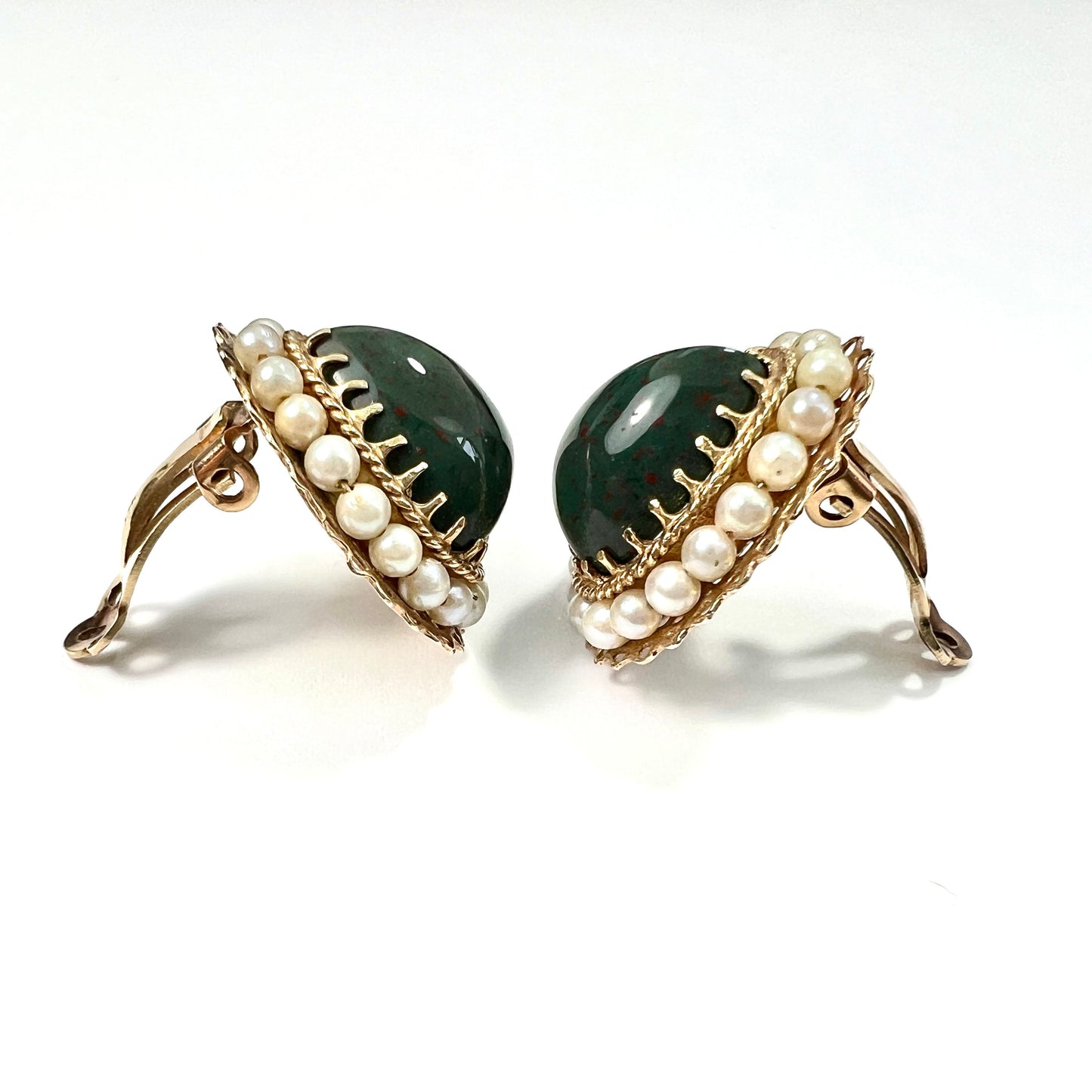 Vintage 14CT Gold Bloodstone Heart Pearl Halo Ear Clips