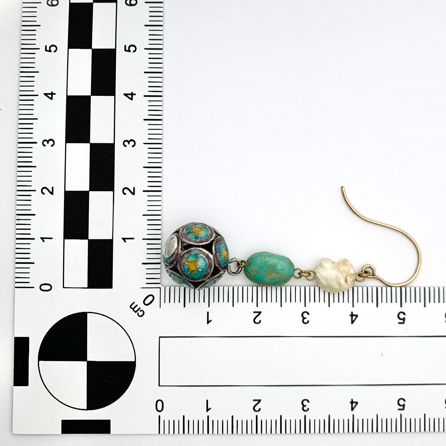 Antique Turquoise Enamelled 9CT Gold and Silver Baroque Pearl Earrings