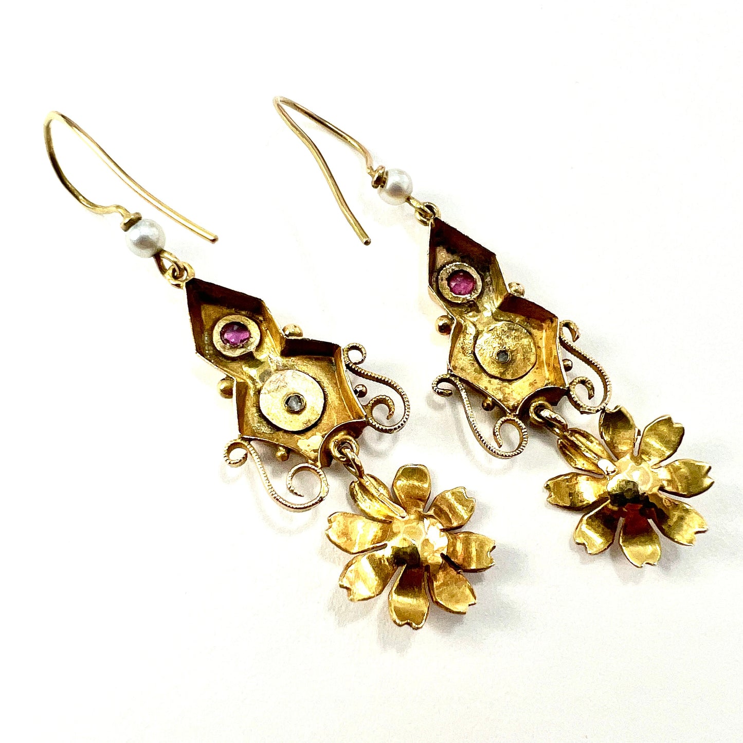 Victorian 9CT Gold Ruby and Pearl Flower Drop Earrings