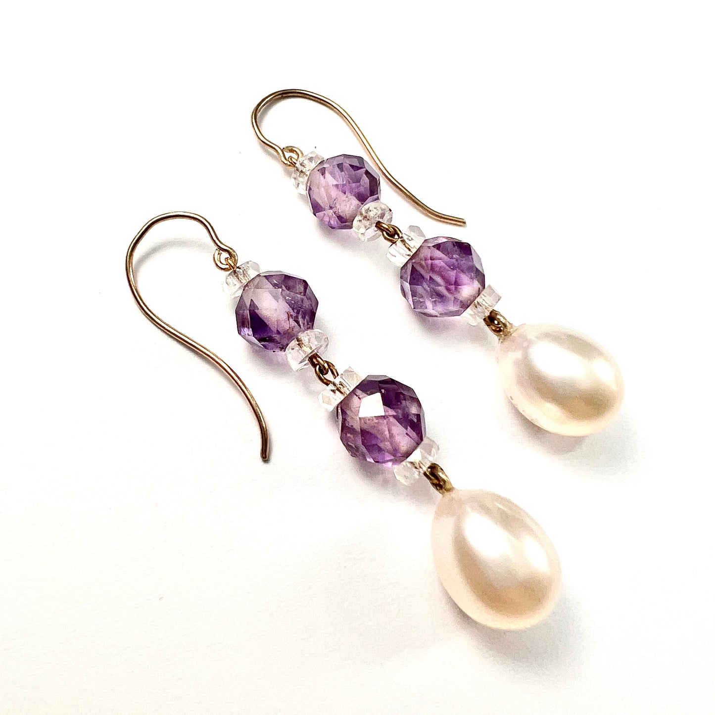 Edwardian Amethyst and Crystal Bead Pearl Drop Earrings in 9CT Gold