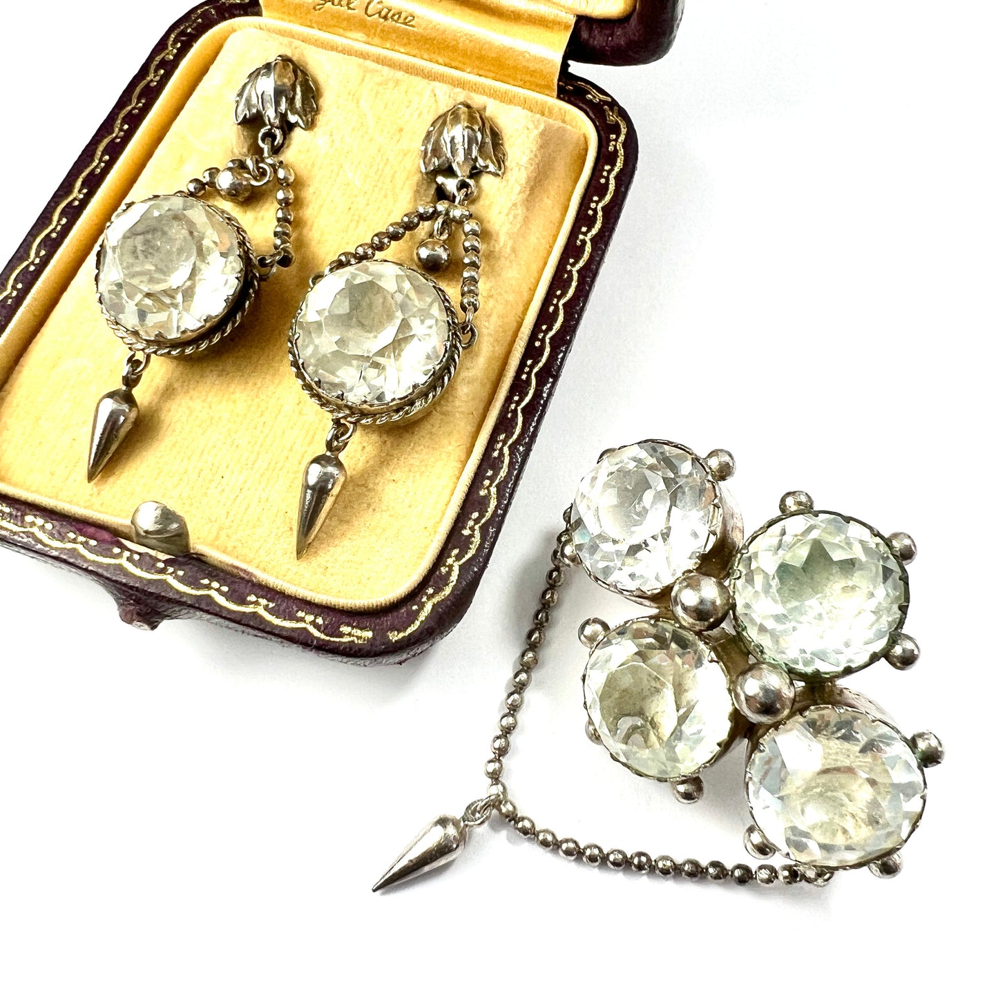 Antique Foiled Paste Silver Demi Parure Earrings and Brooch