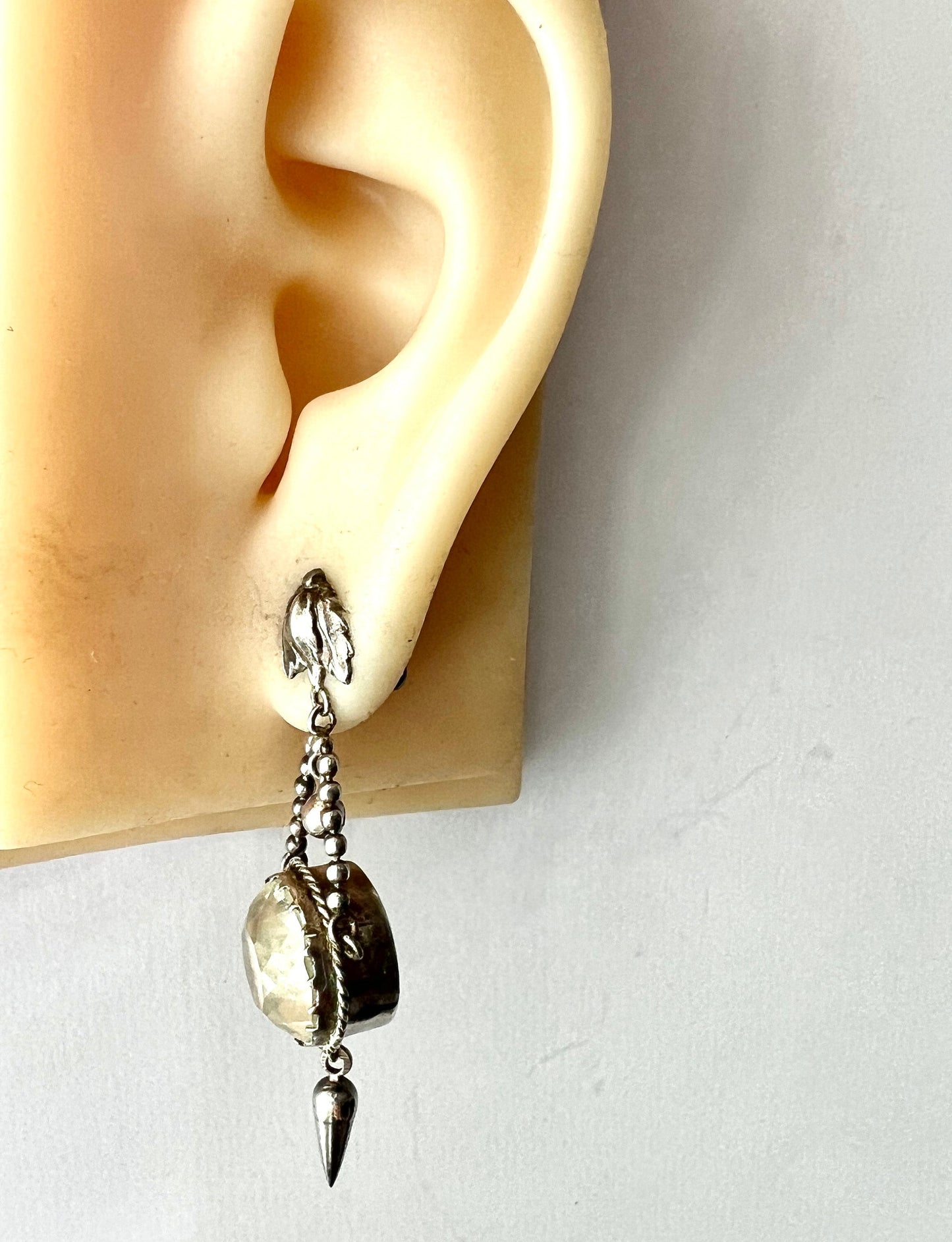 Antique Foiled Paste Silver Demi Parure Earrings and Brooch