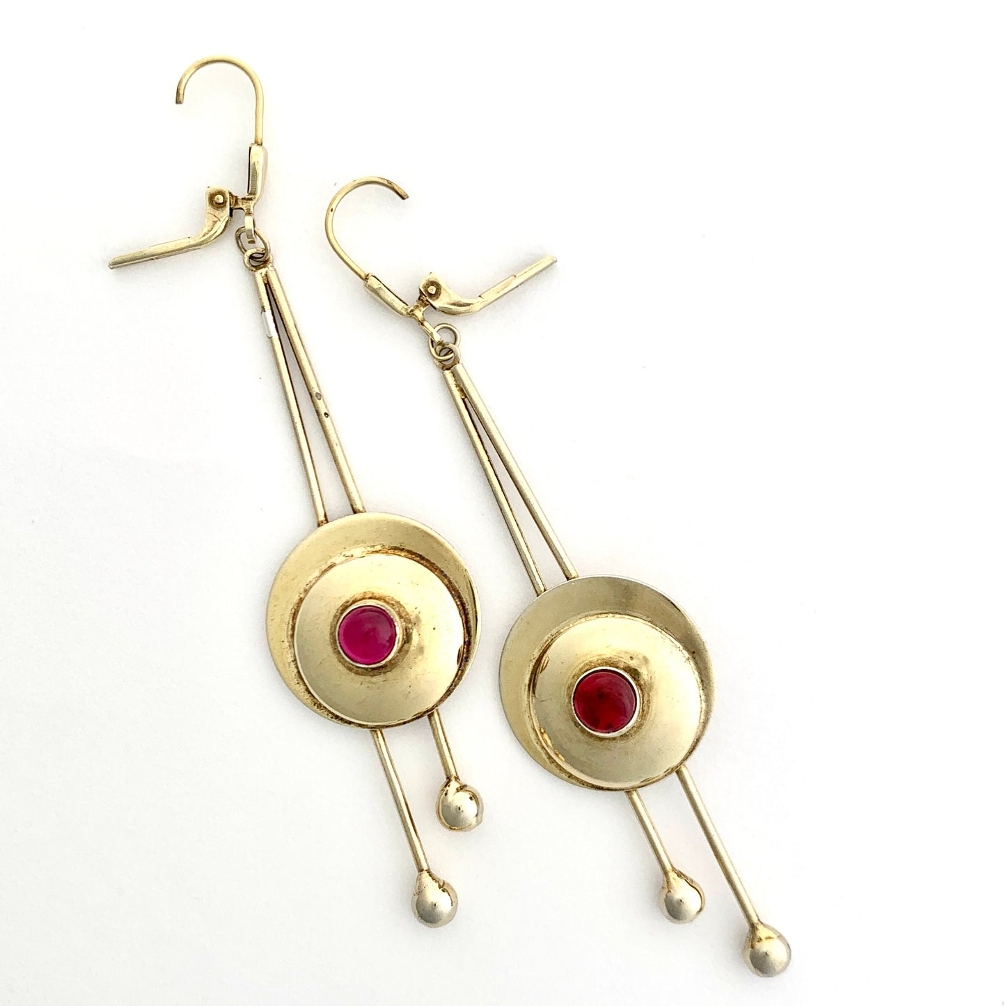 Vintage Modernist Silver Gilt Garnet Long Drop Earrings