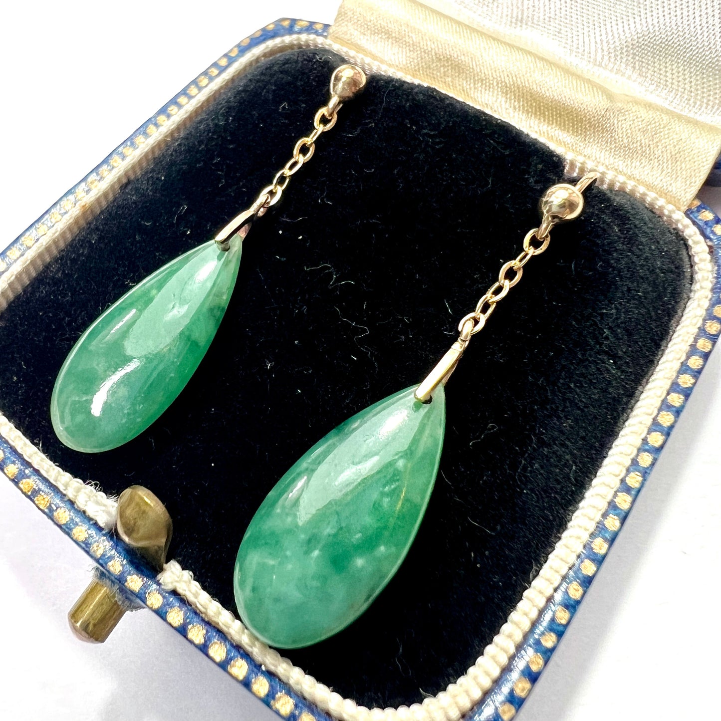Edwardian 9CT Gold Jade Chain Drop Earrings