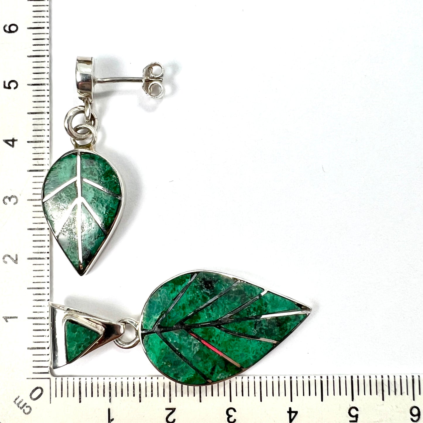 Vintage Malachite Leaf Sterling Silver Earrings and Pendant