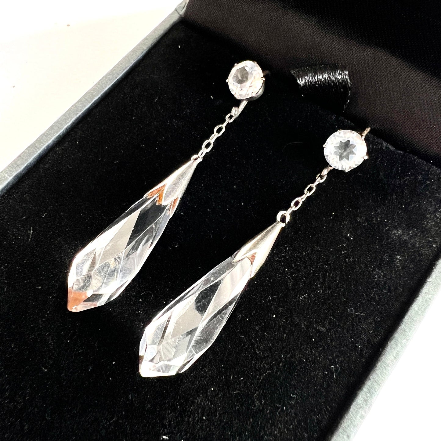Edwardian 9CT Gold Silver Rock Crystal Chain Drop Earrings