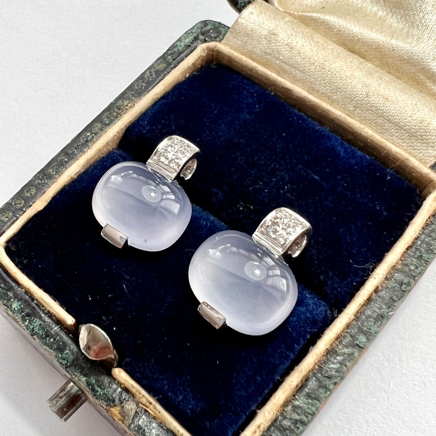 Vintage 18CT White Gold Diamond Chalcedony Earrings