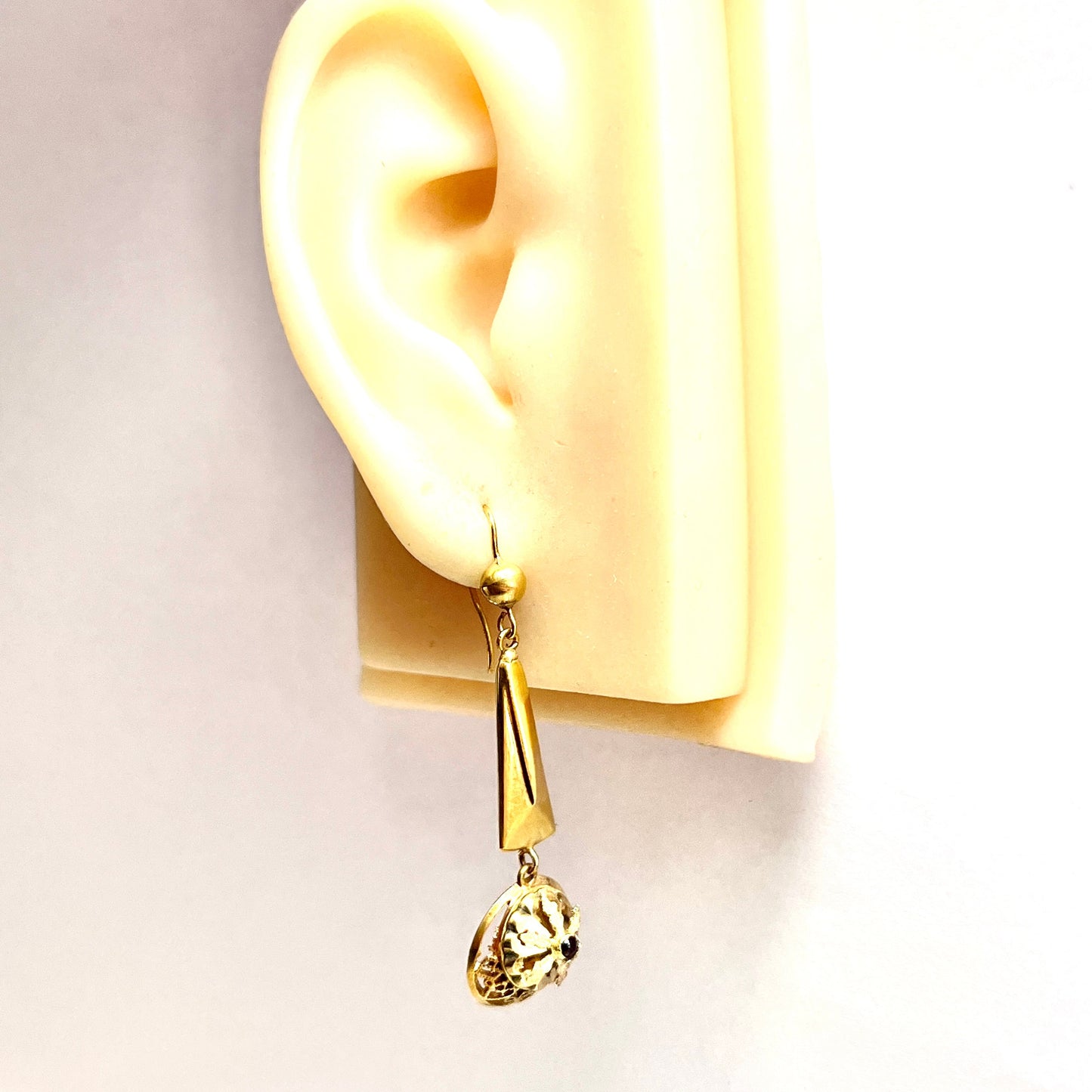 Victorian Garnet Etruscan Revival 9CT Gold Long Drop Earrings