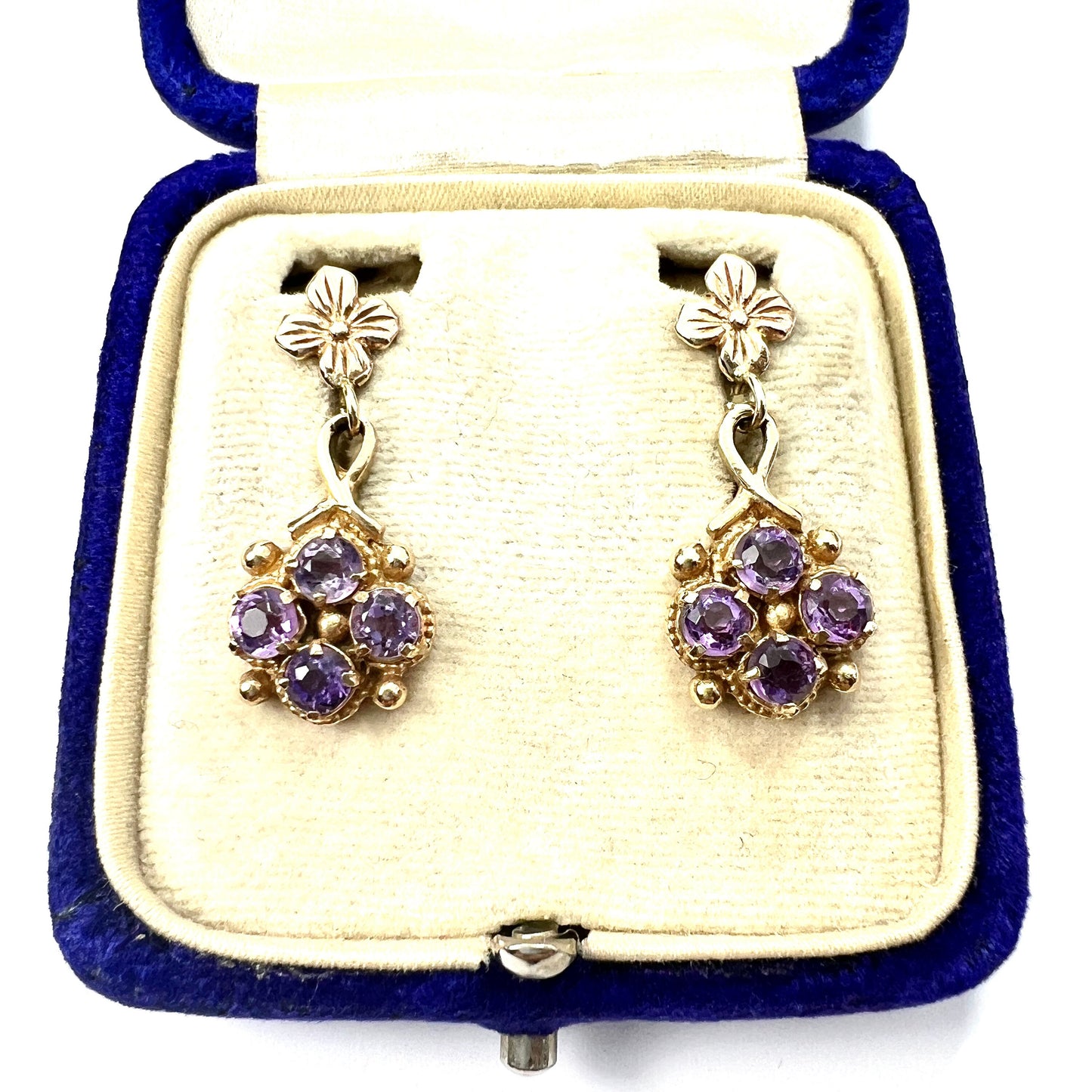 Vintage Amethyst 9CT Gold Flower Cluster Earrings