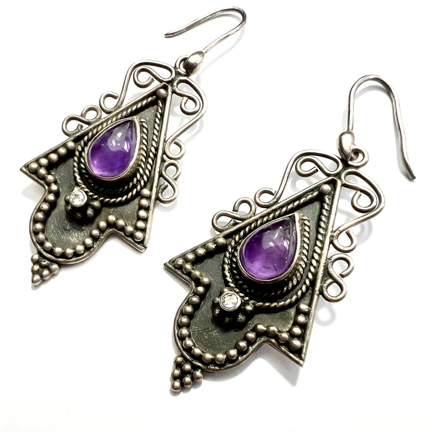 Vintage Indian Amethyst Silver Drop Earrings