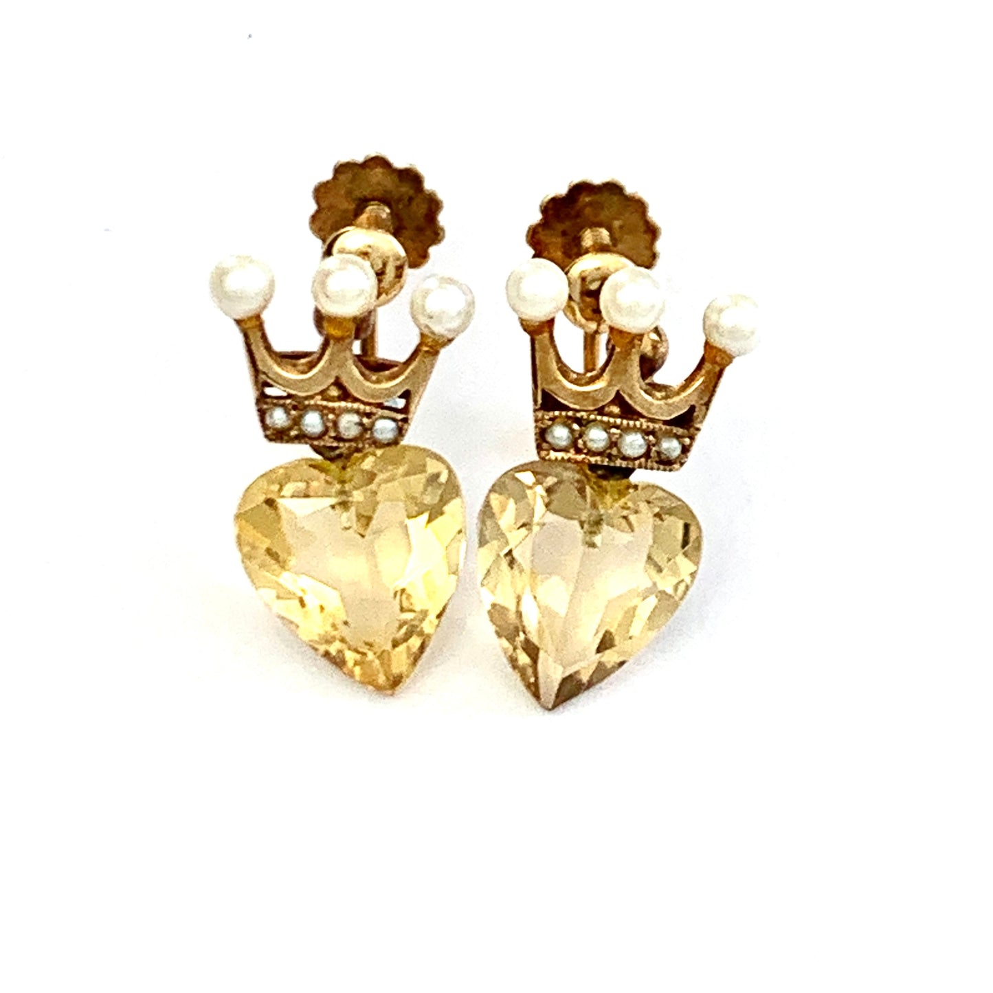 Victorian 9CT Gold Crowned Heart Chrysoberyl and Pearl Luckenbooth Earrings