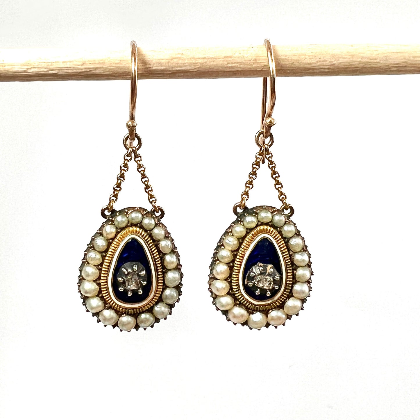 Georgian Diamond and Pearl Blue Enamel Chain Drop Earrings