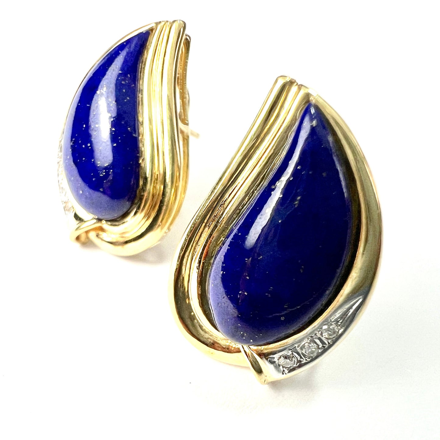 Large Vintage 18CT Gold Lapis Lazuli and Diamond Teardrop Earrings